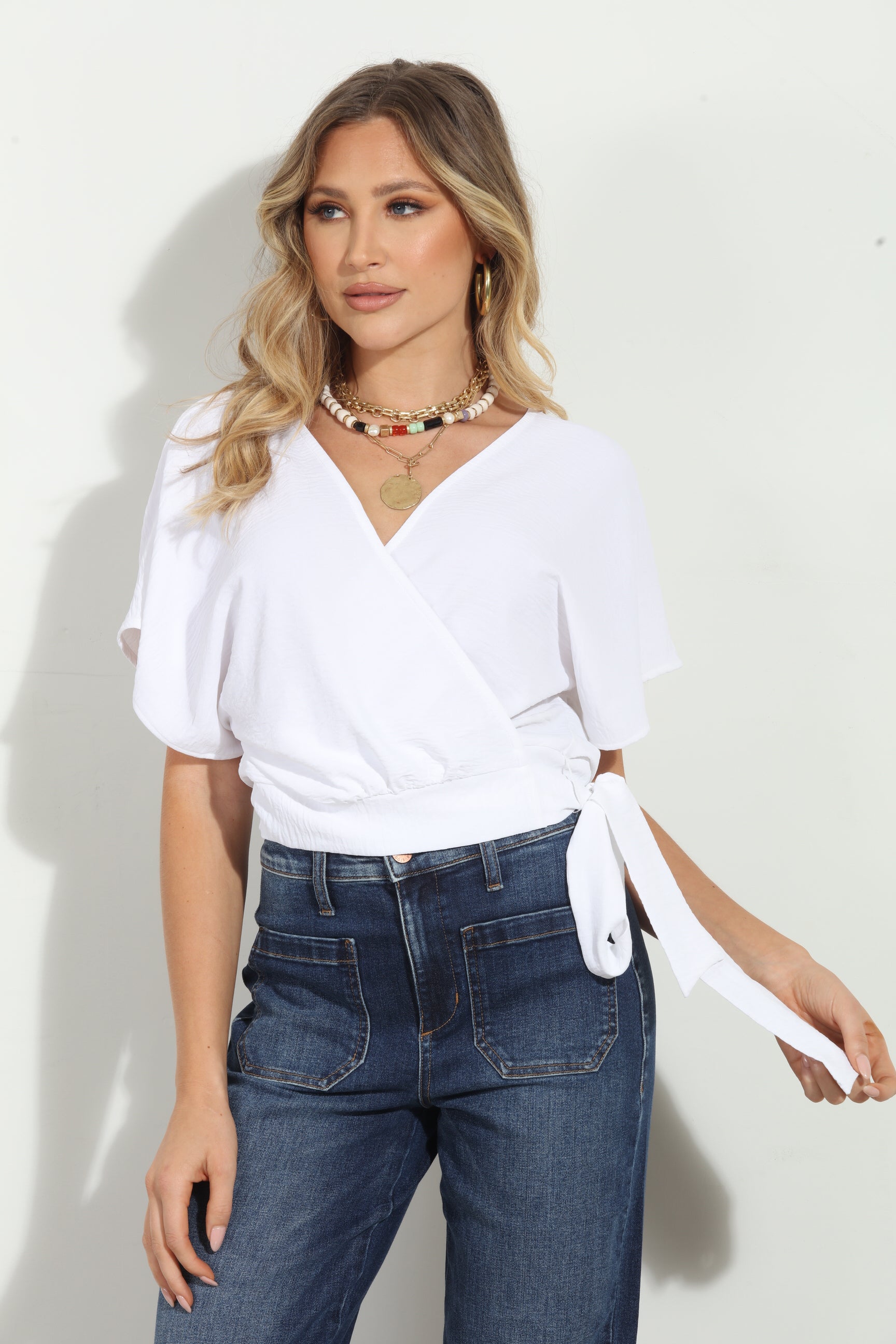White Mom Cropped Wrap Top
