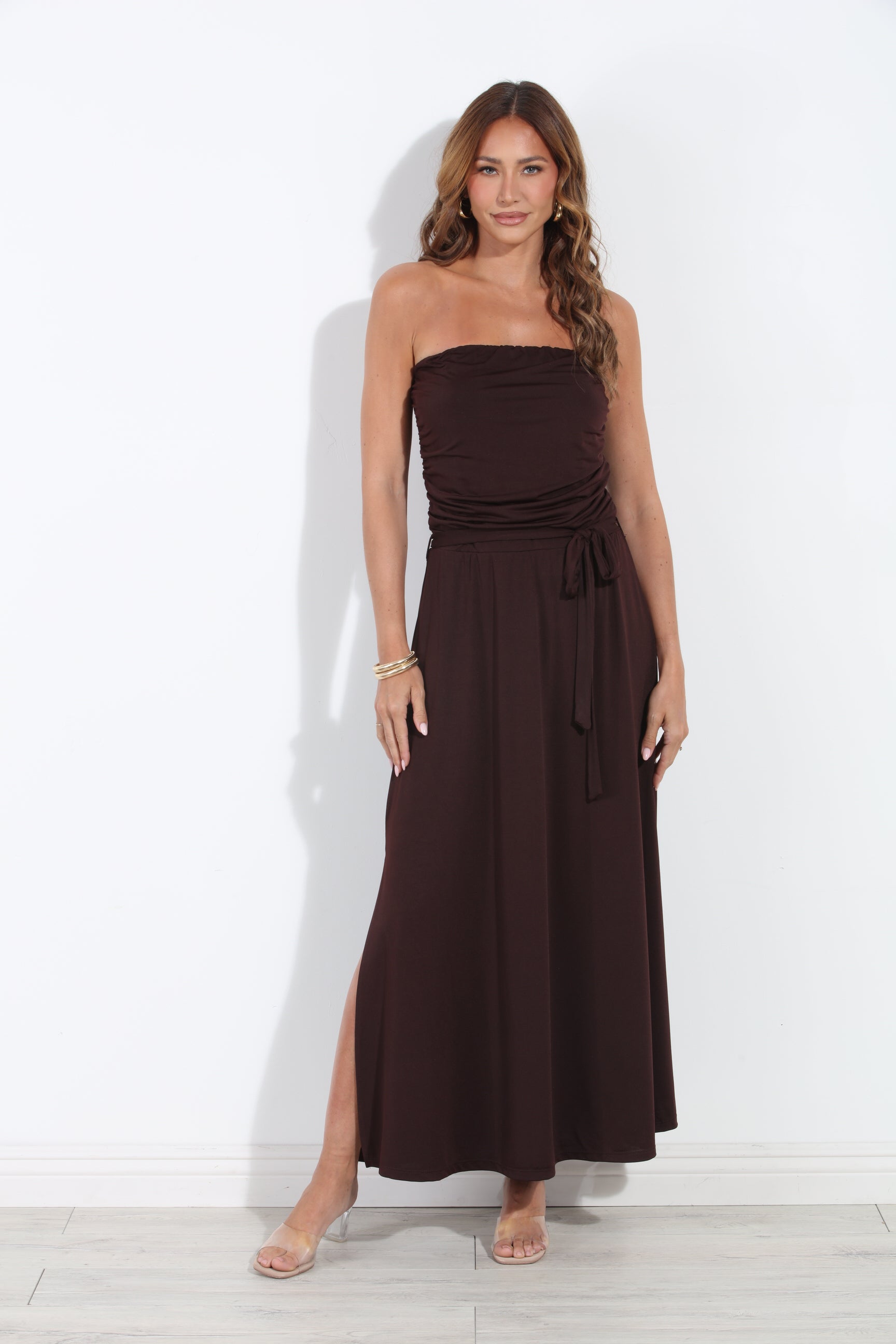 Espresso Stretch Ruched Tube Maxi Dress-BEST SELLER
