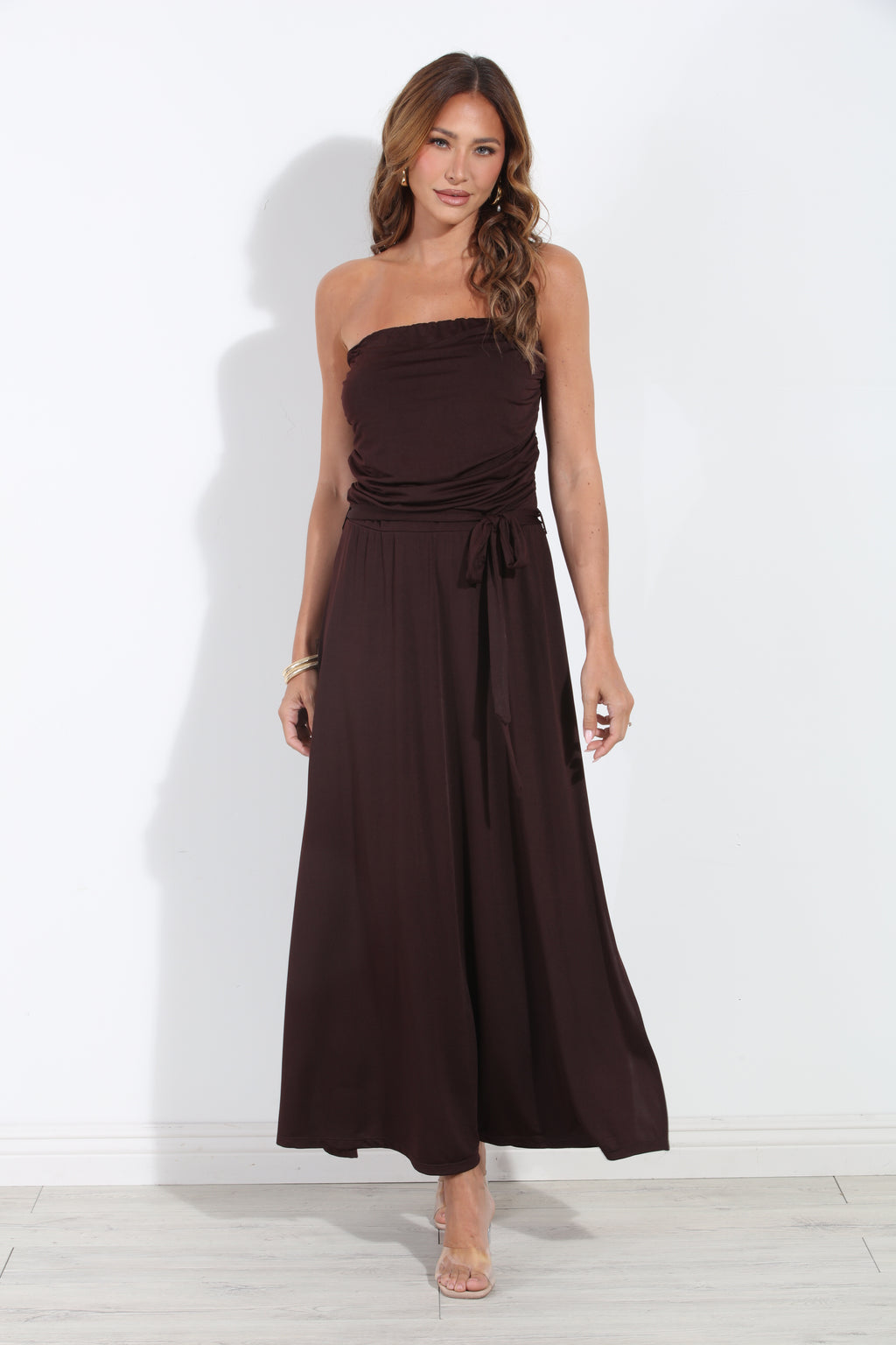 Espresso Stretch Ruched Tube Maxi Dress-BEST SELLER