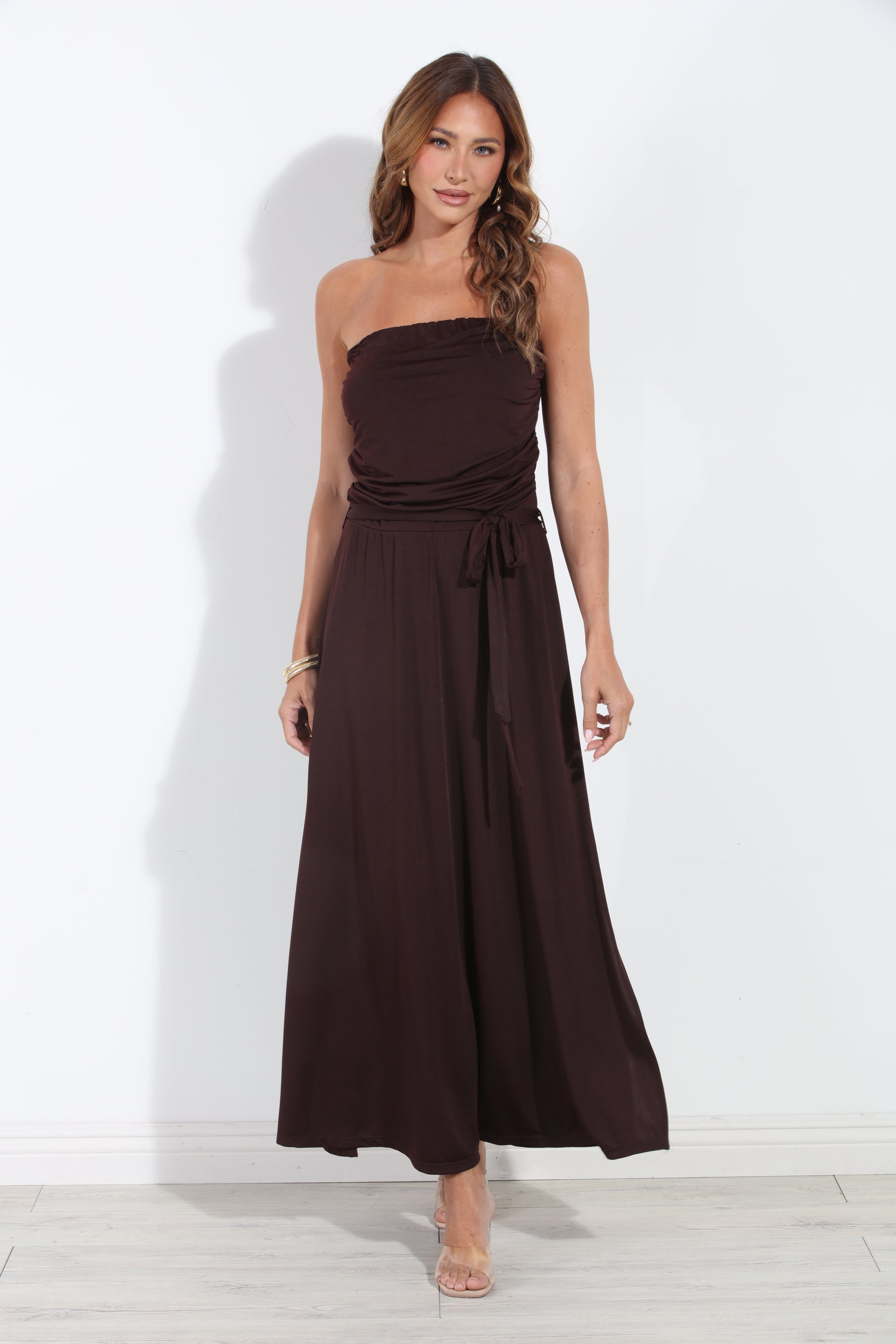 Espresso Stretch Ruched Tube Maxi Dress-BEST SELLER