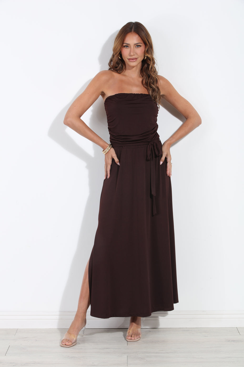 Espresso Stretch Ruched Tube Maxi Dress-BEST SELLER