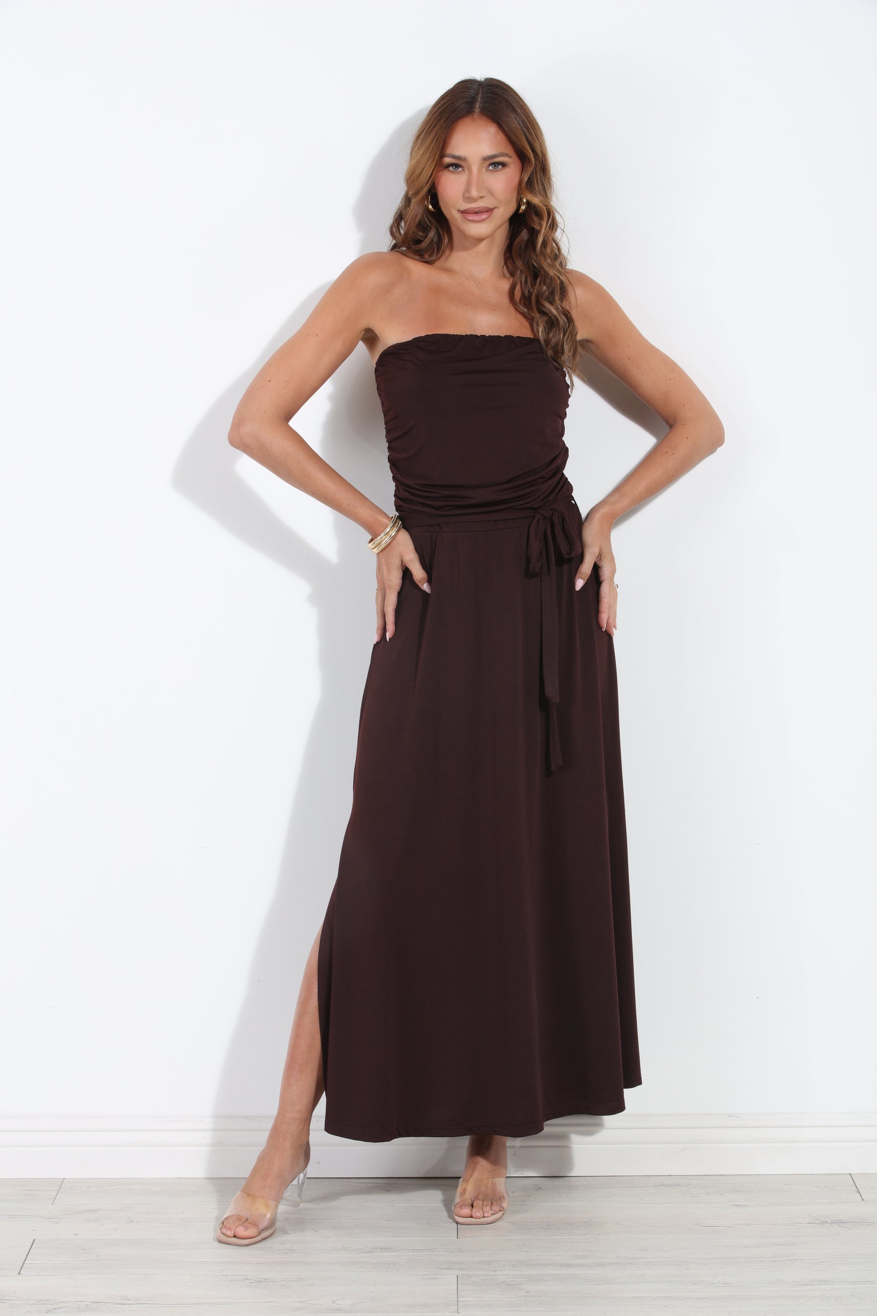 Espresso Stretch Ruched Tube Maxi Dress-BEST SELLER