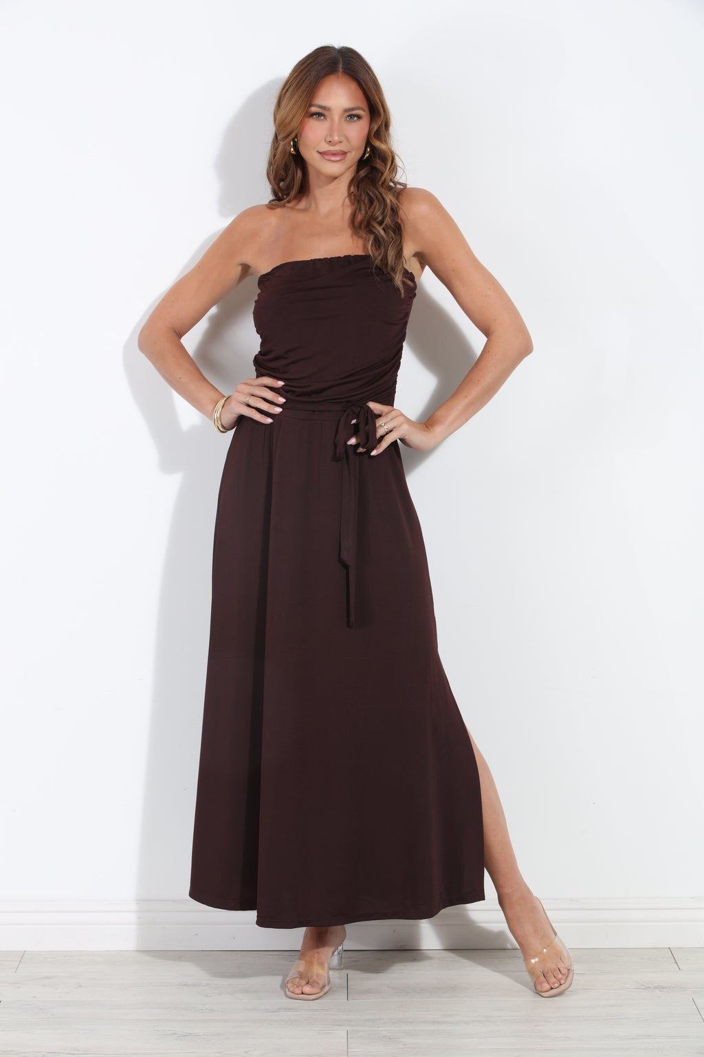Espresso Stretch Ruched Tube Maxi Dress-BEST SELLER