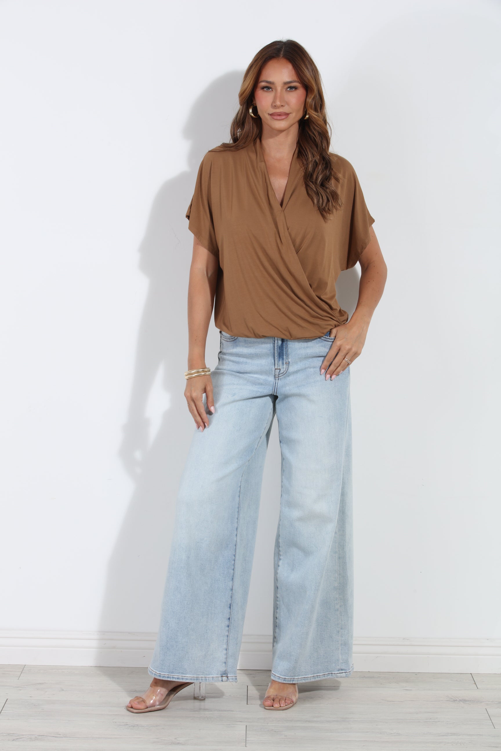 Camel Cupro Surplice Tee-BEST SELLER