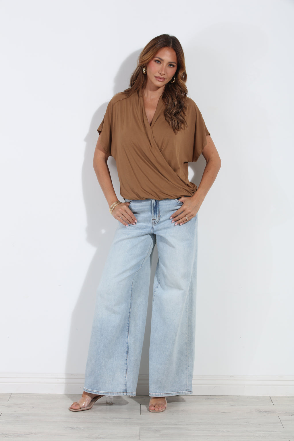 Camel Cupro Surplice Tee-BEST SELLER