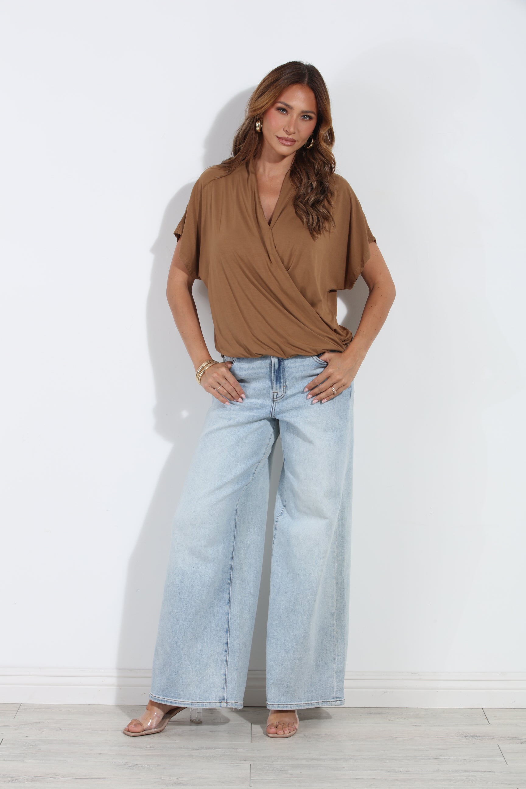 Camel Cupro Surplice Tee-BEST SELLER