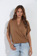 Camel Cupro Surplice Tee-BEST SELLER