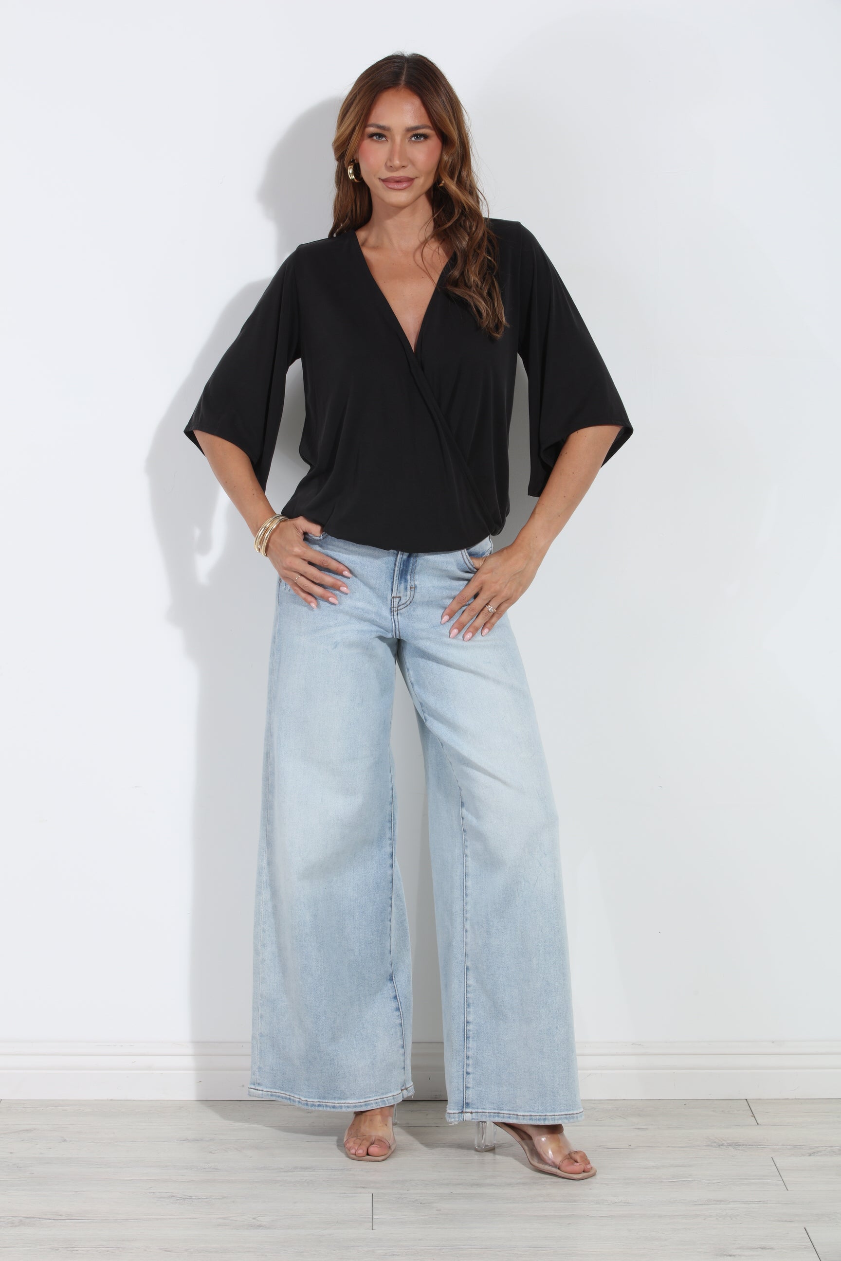 Black Cupro Stretch Banded Kimono Top