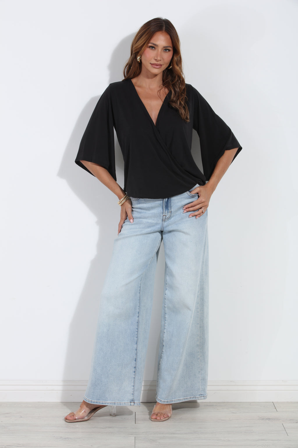 Black Cupro Stretch Banded Kimono Top