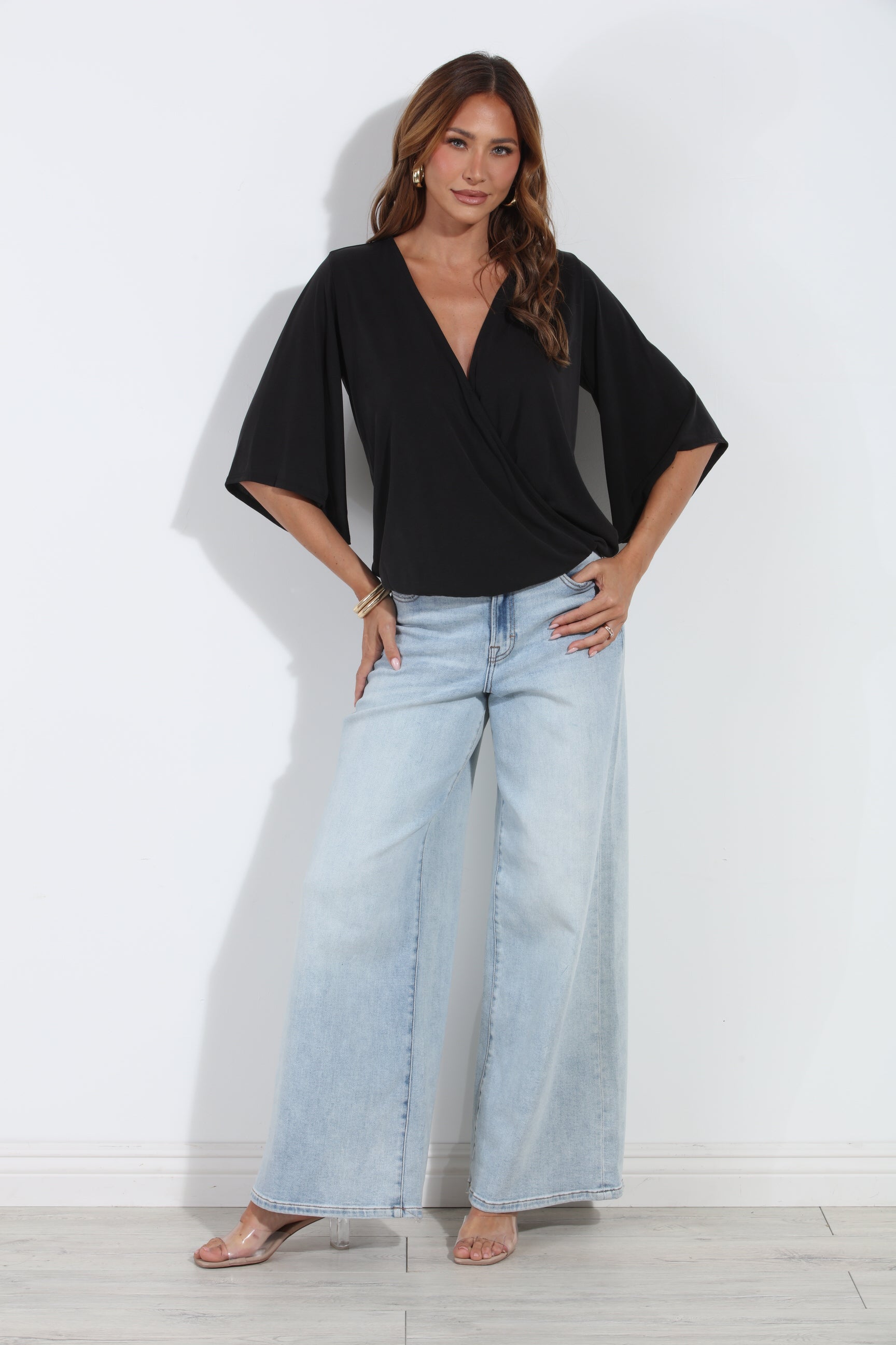 Black Cupro Stretch Banded Kimono Top