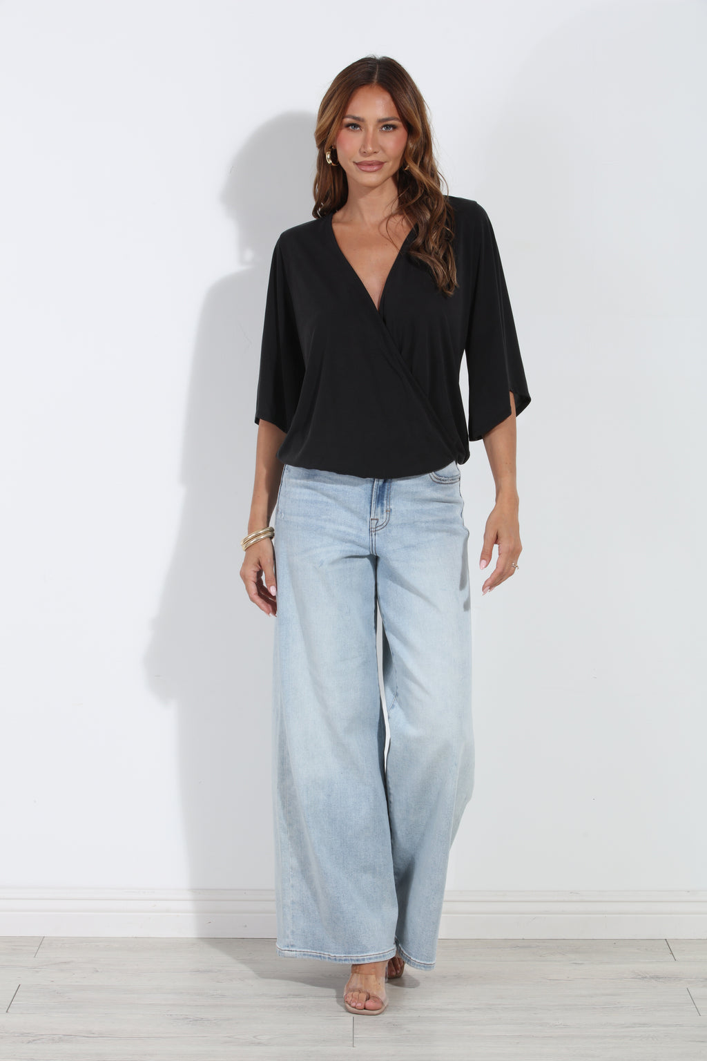 Black Cupro Stretch Banded Kimono Top