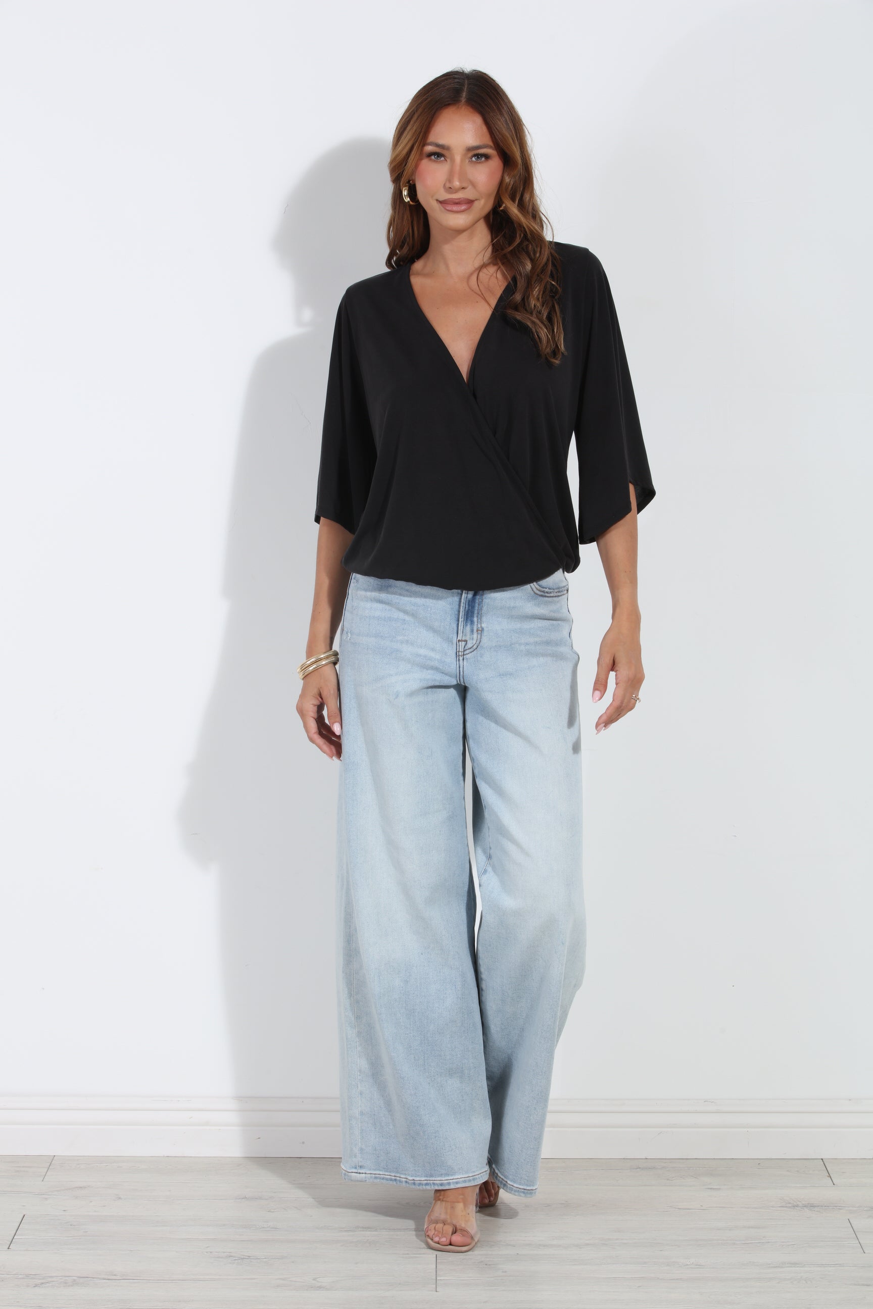 Black Cupro Stretch Banded Kimono Top