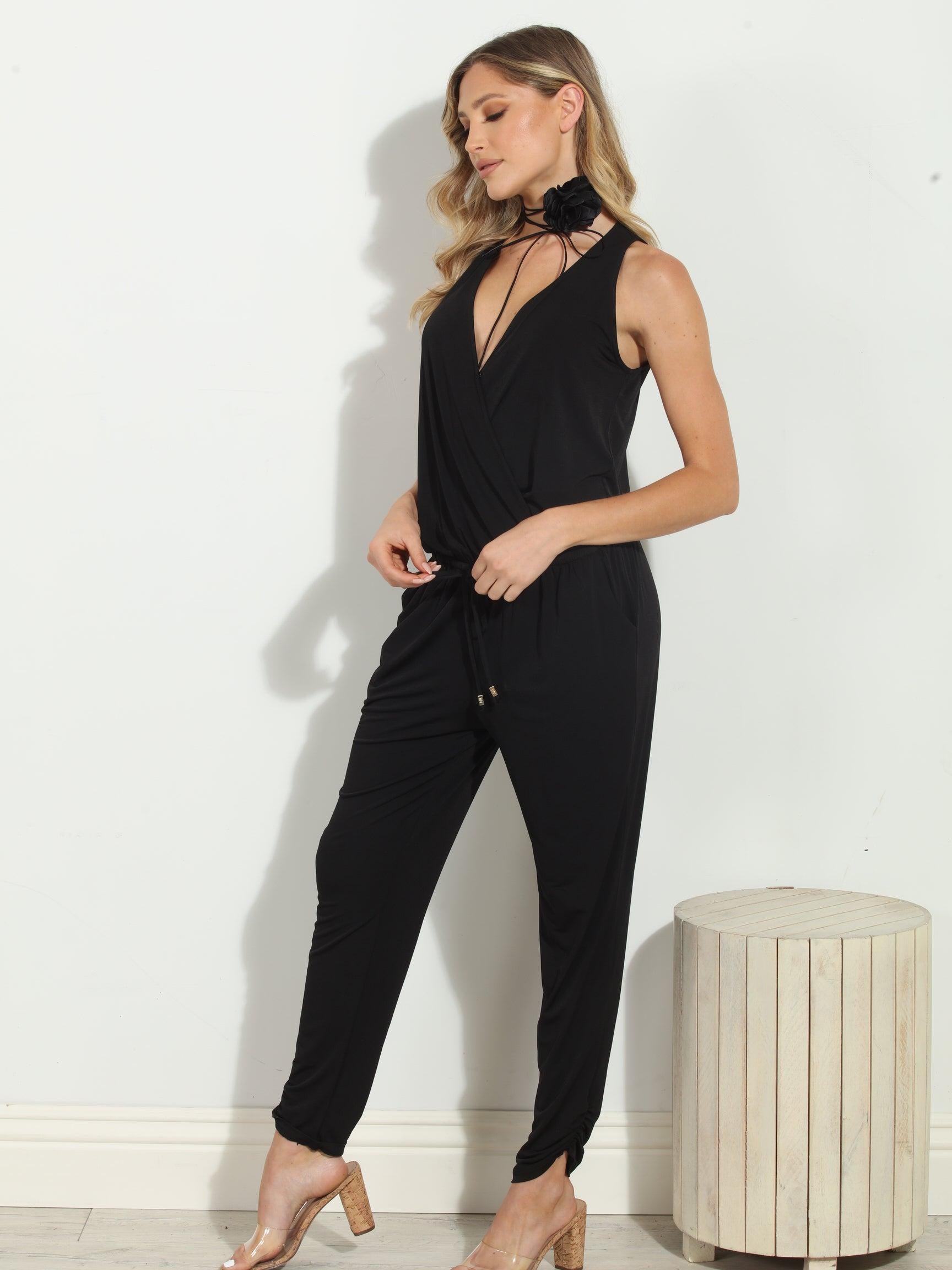 Black Shirred Ankle Stretch Jumpsuit-BEST SELLER