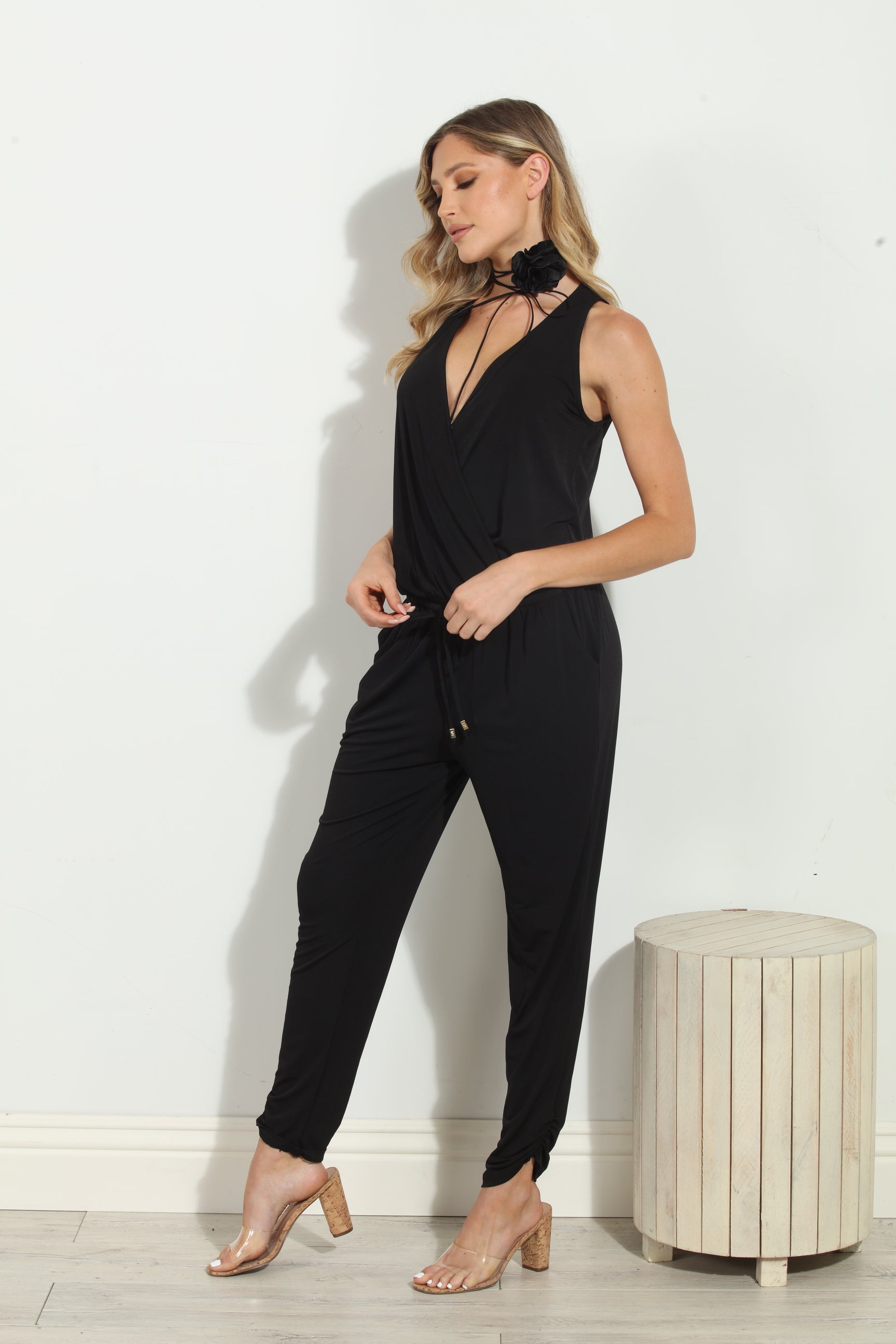 Black Shirred Ankle Stretch Jumpsuit-BEST SELLER