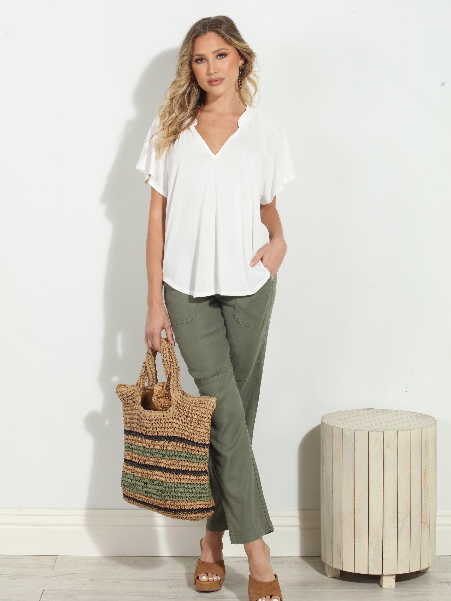 Ivory Short Sleeve Cupro Split Neck Top-BEST SELLER
