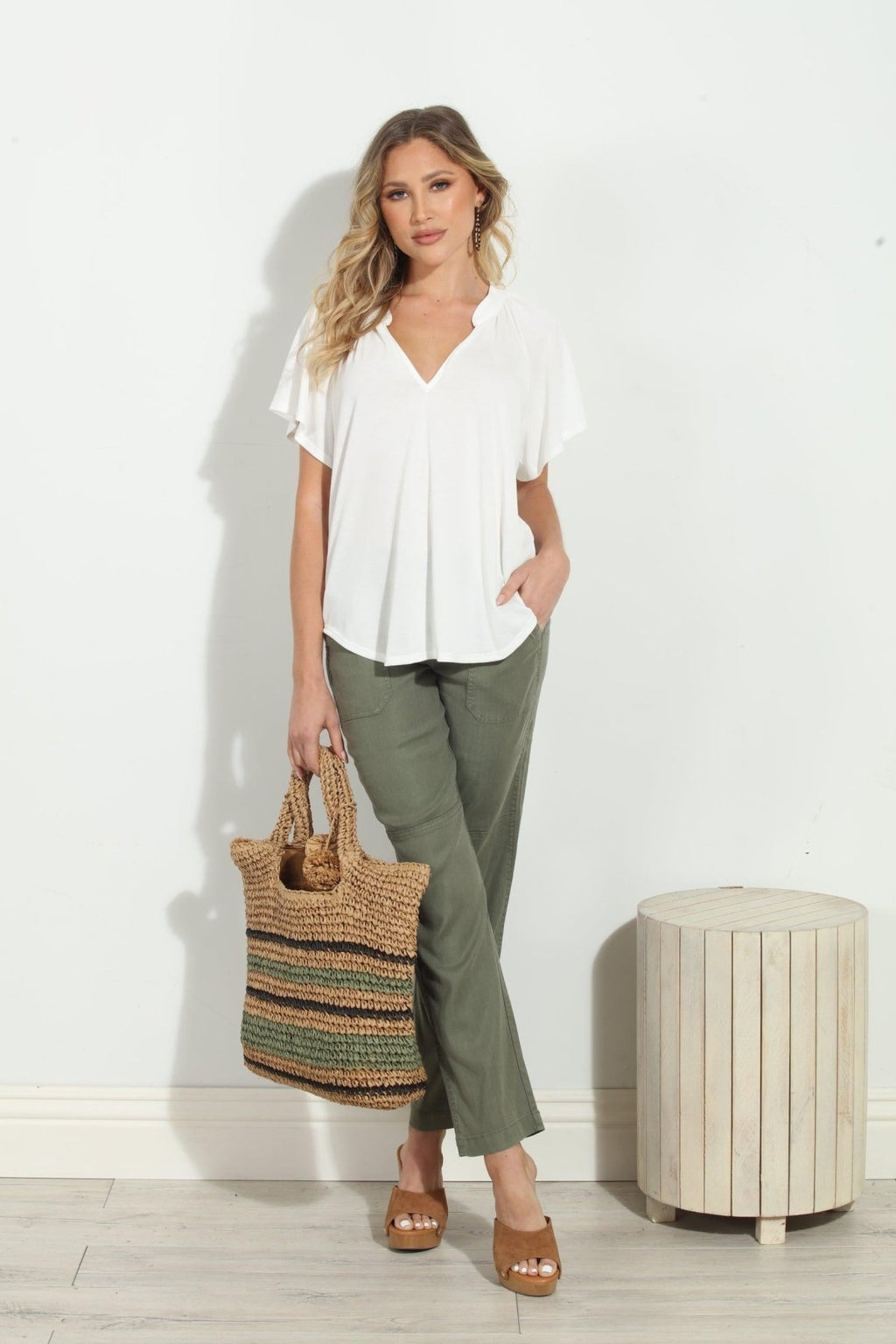 Ivory Short Sleeve Cupro Split Neck Top-FINAL SALE