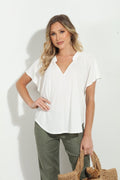 Ivory Short Sleeve Cupro Split Neck Top-FINAL SALE