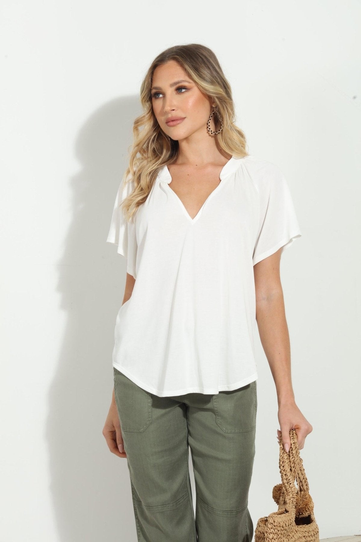 Ivory Short Sleeve Cupro Split Neck Top-FINAL SALE