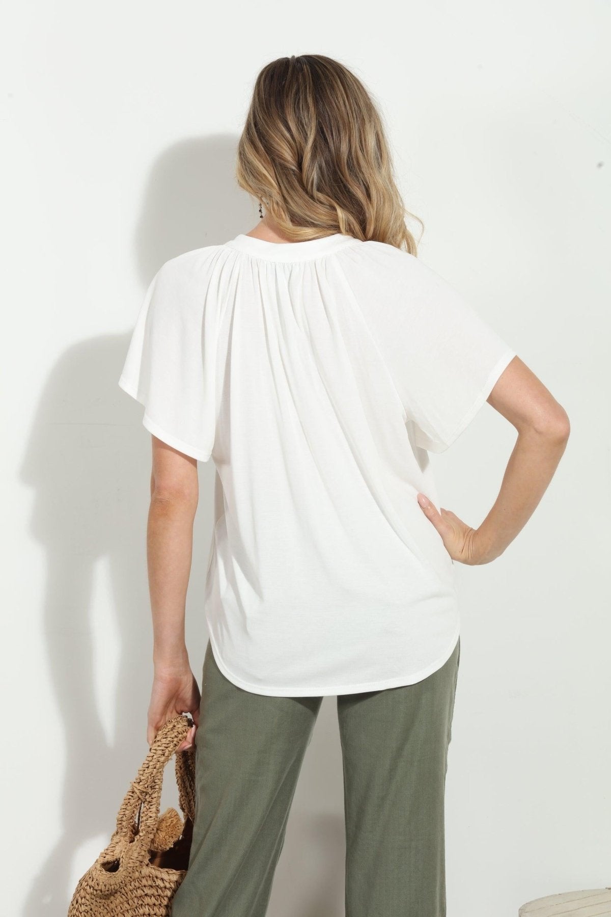Ivory Short Sleeve Cupro Split Neck Top-BEST SELLER