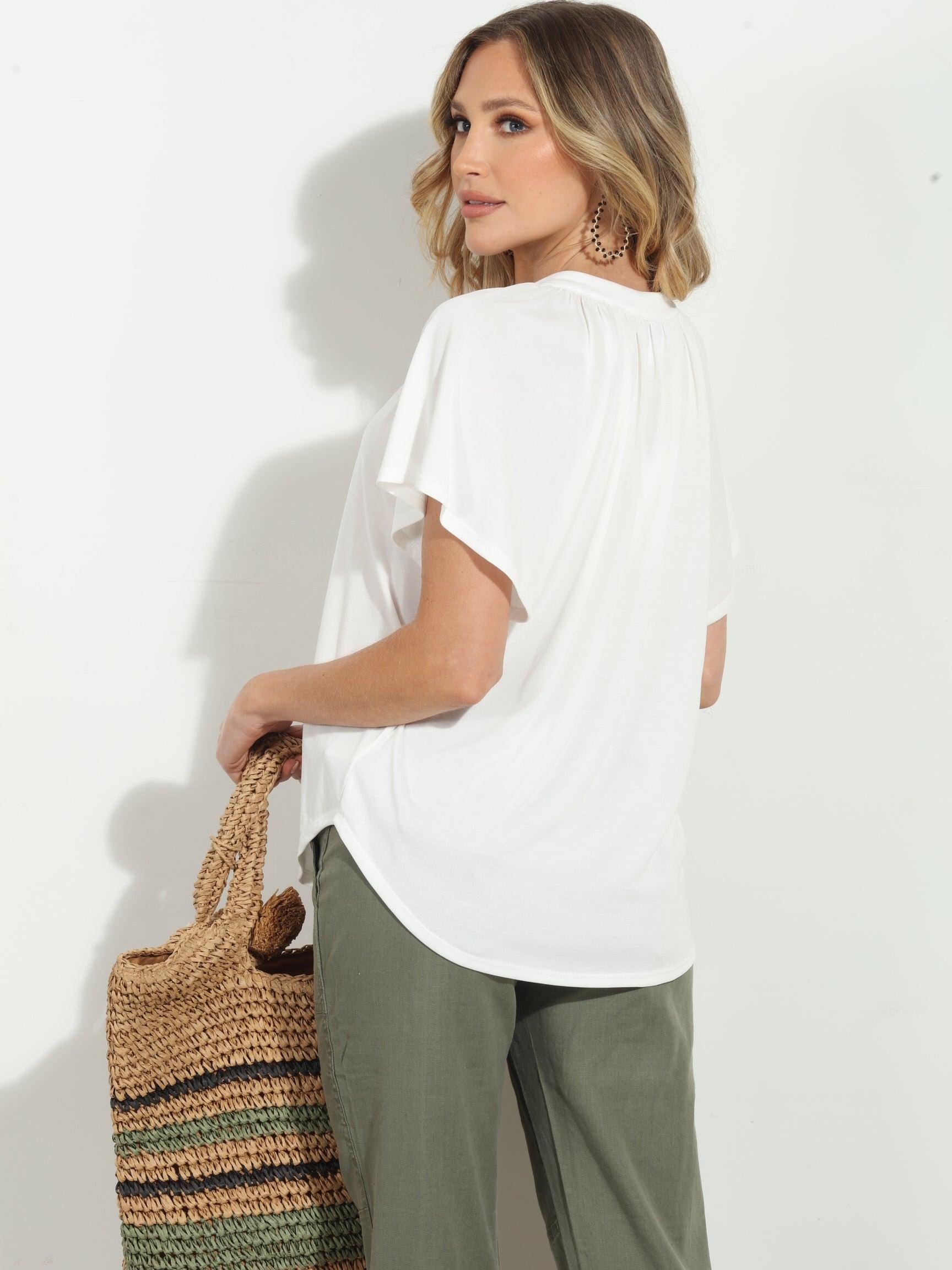 Ivory Short Sleeve Cupro Split Neck Top-BEST SELLER