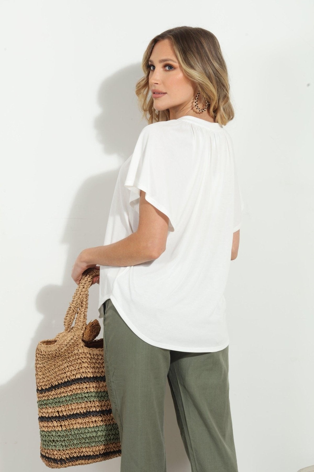 Ivory Short Sleeve Cupro Split Neck Top-FINAL SALE