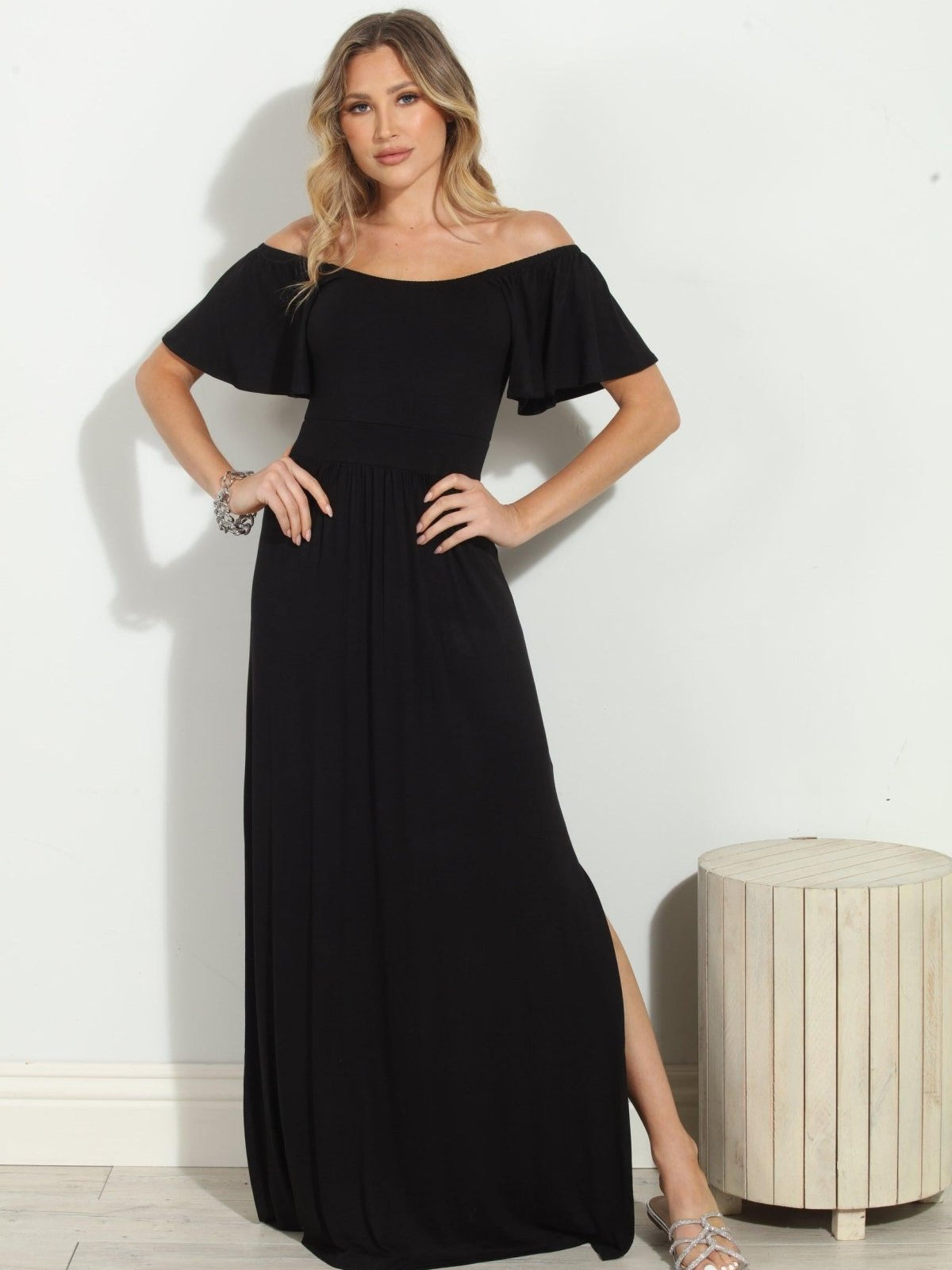 Jersey Black Off The Shoulder Maxi Dress