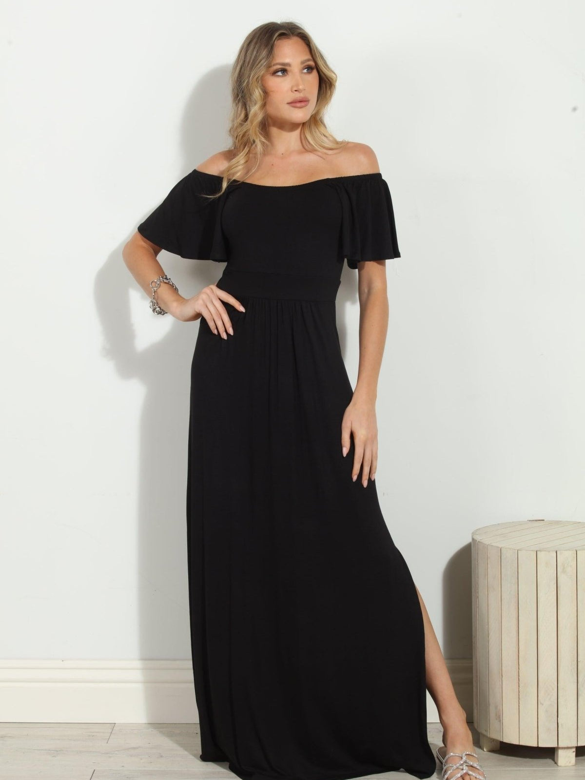 Jersey Black Off The Shoulder Maxi Dress