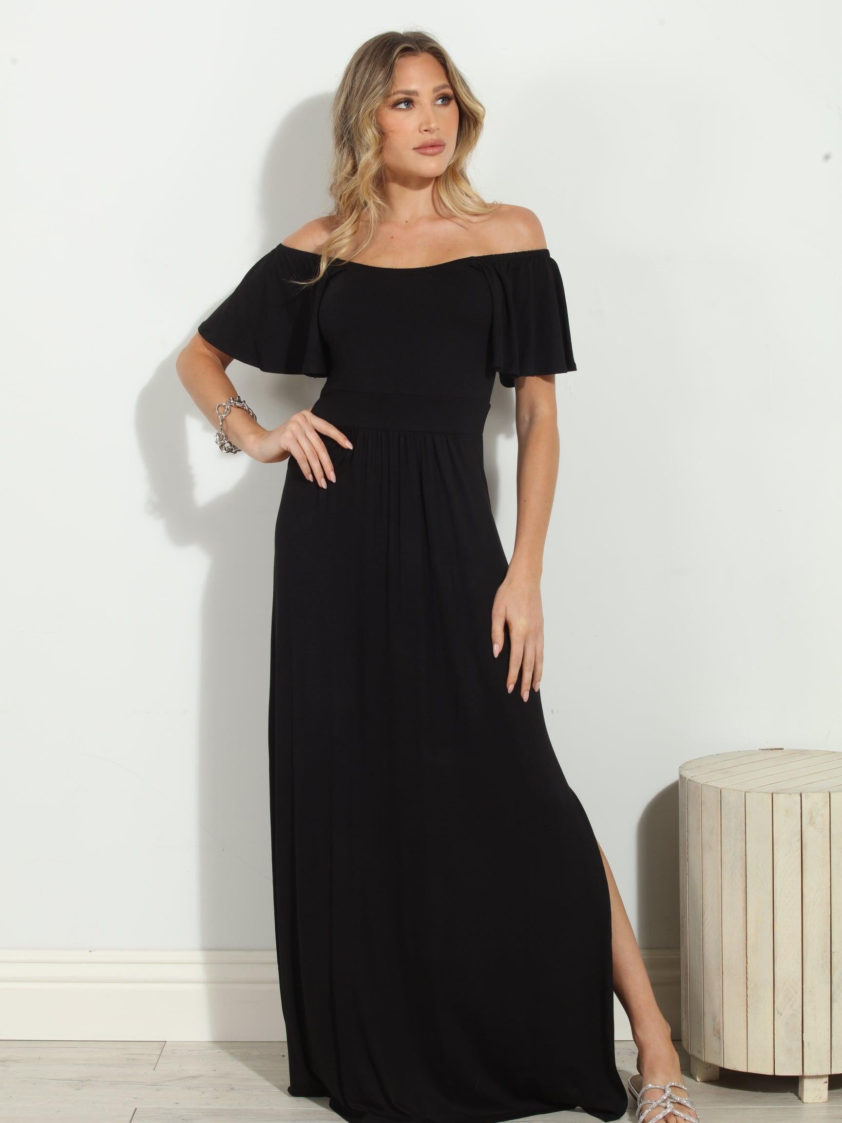 Jersey Black Off The Shoulder Maxi Dress