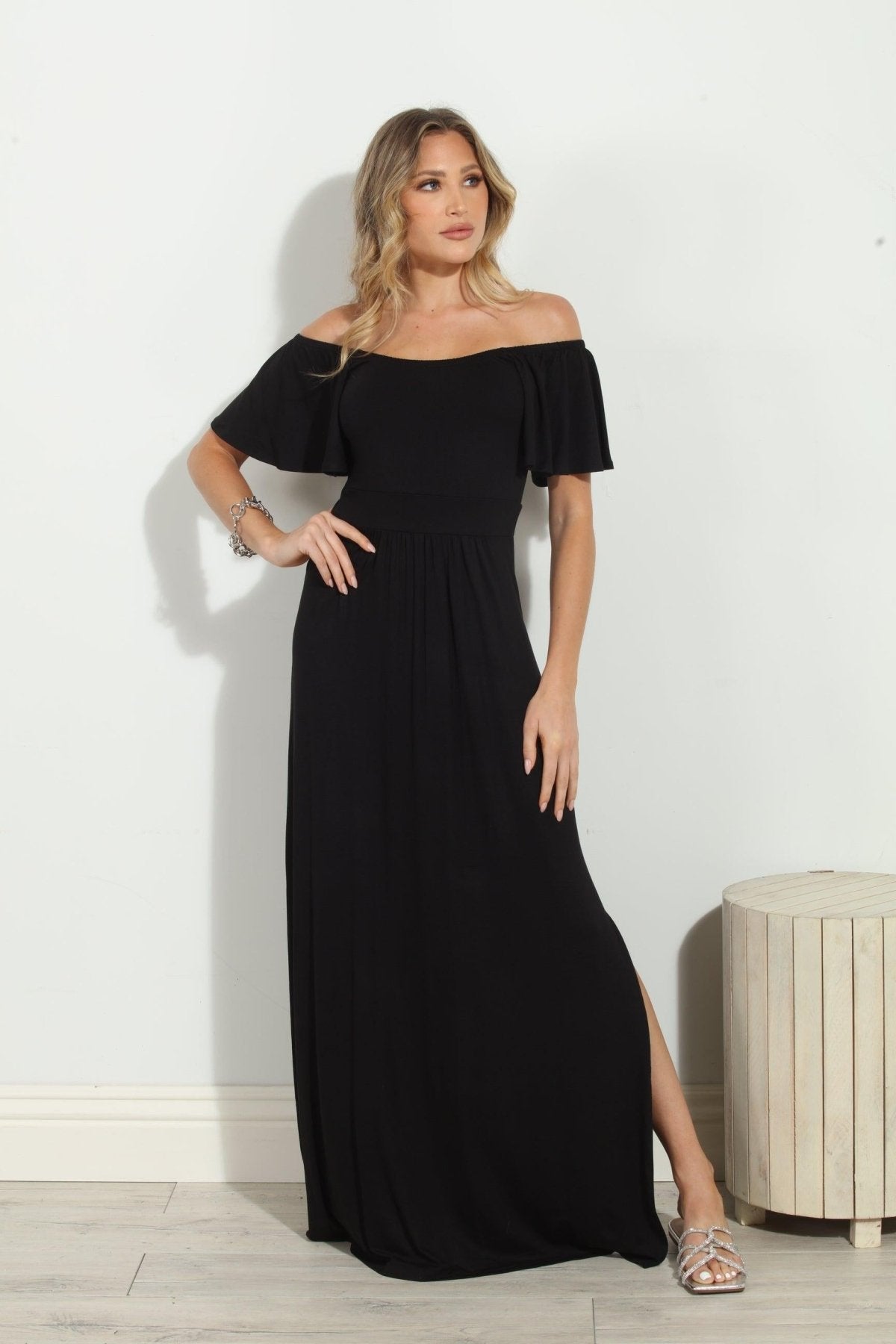 Jersey Black Off The Shoulder Maxi Dress