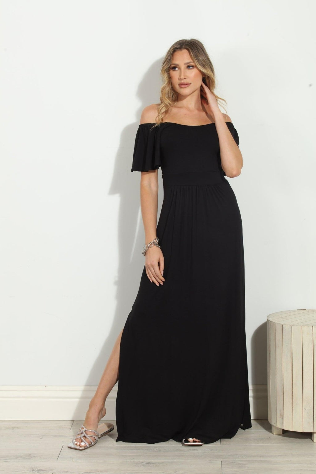 Jersey Black Off The Shoulder Maxi Dress