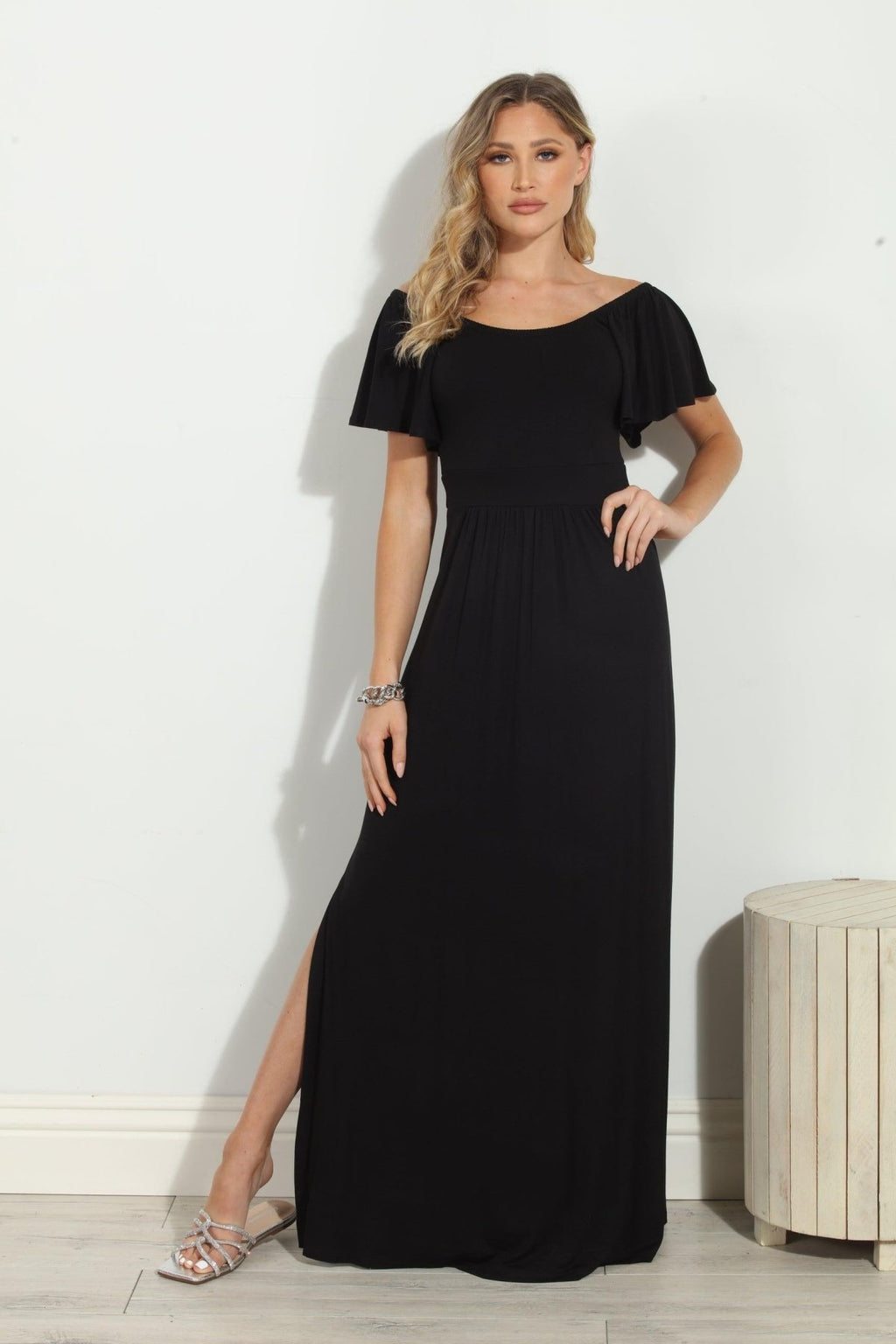 Jersey Black Off The Shoulder Maxi Dress