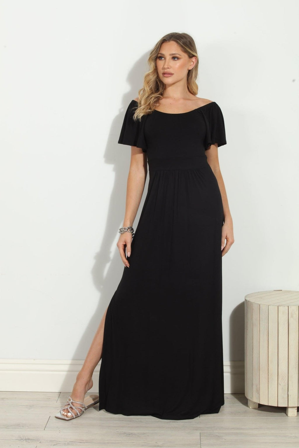 Jersey Black Off The Shoulder Maxi Dress
