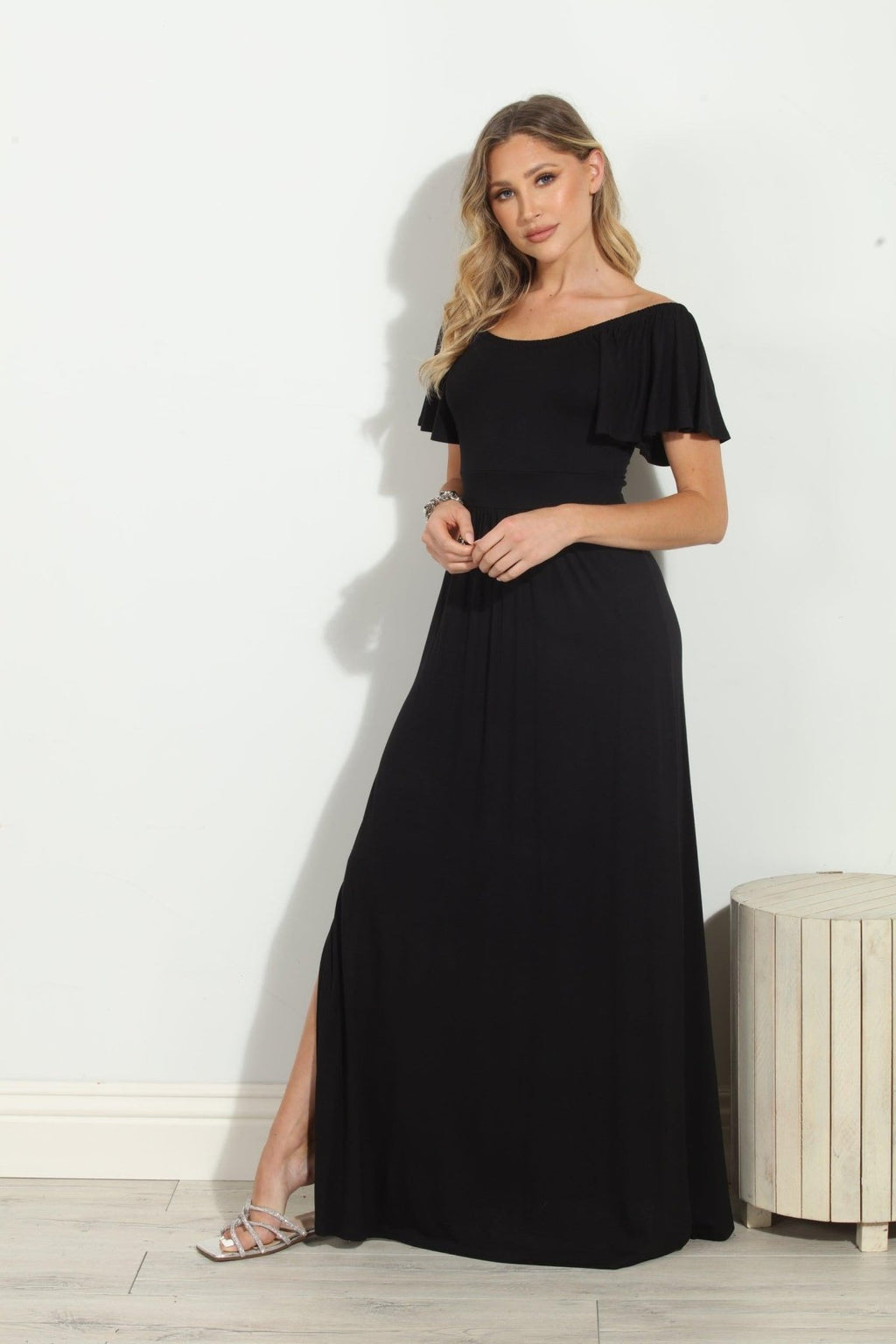 Jersey Black Off The Shoulder Maxi Dress