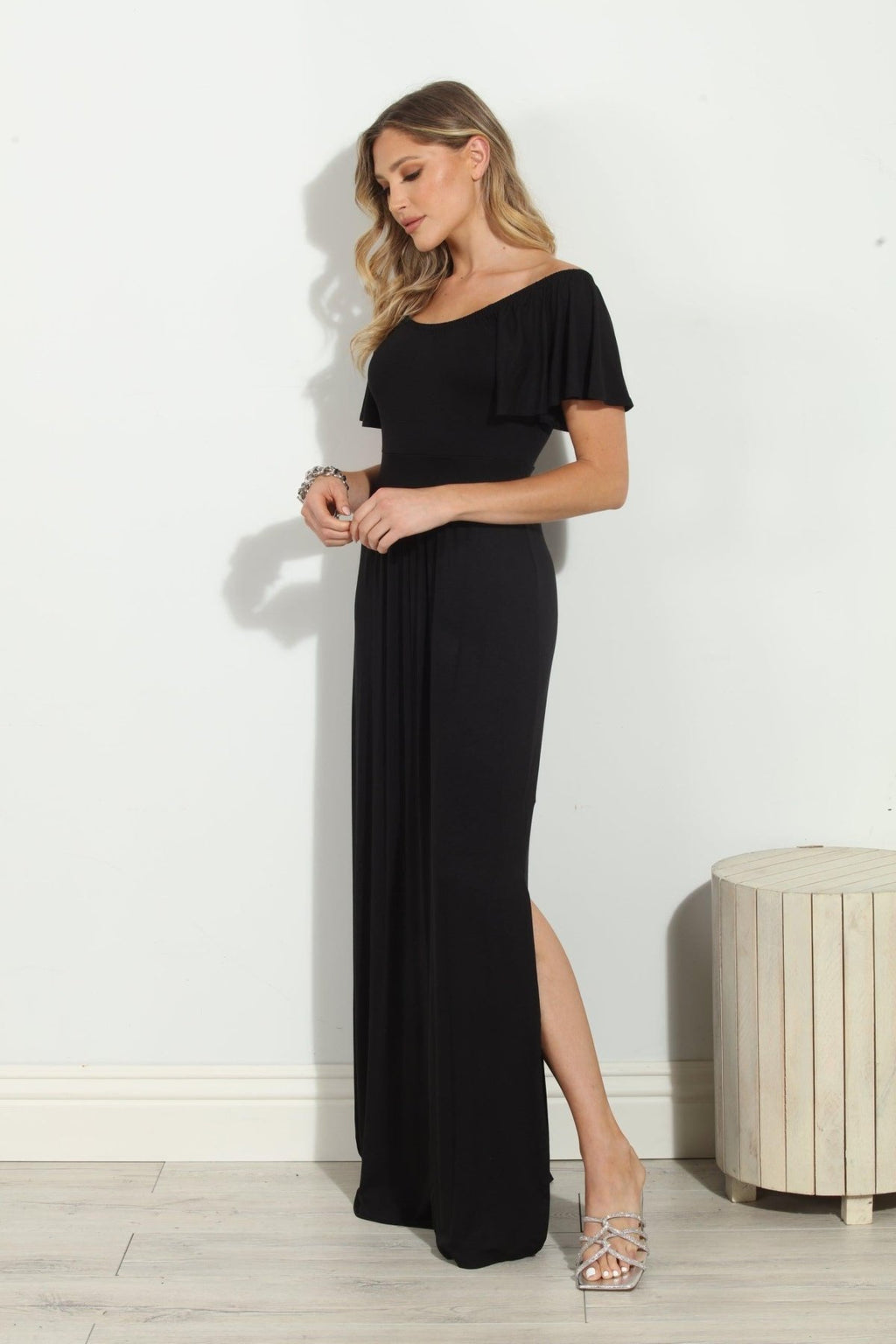Jersey Black Off The Shoulder Maxi Dress