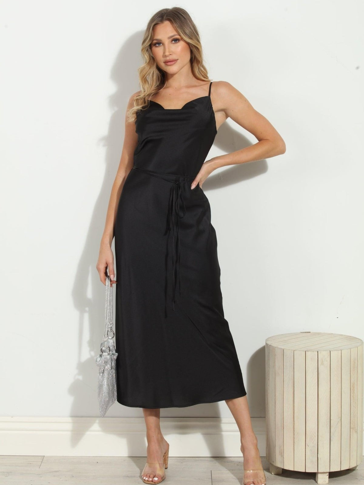 Black Satin Bias Midi Dress-FINAL SALE