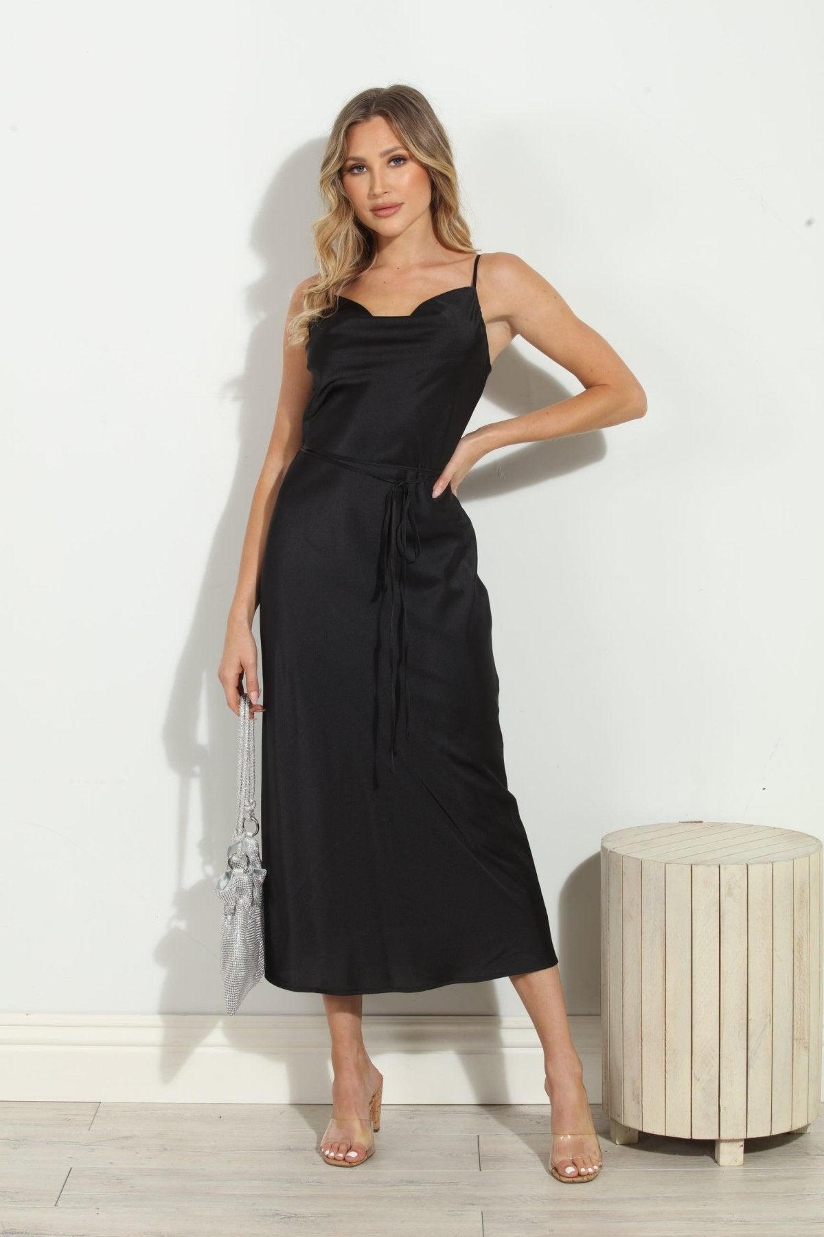 Black Satin Bias Midi Dress-FINAL SALE