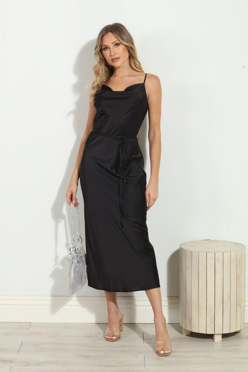 Black Satin Bias Midi Dress-FINAL SALE