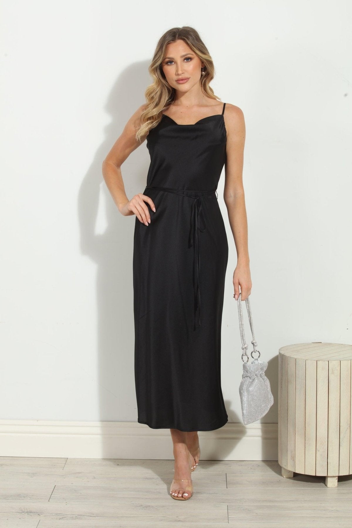 Black Satin Bias Midi Dress-FINAL SALE