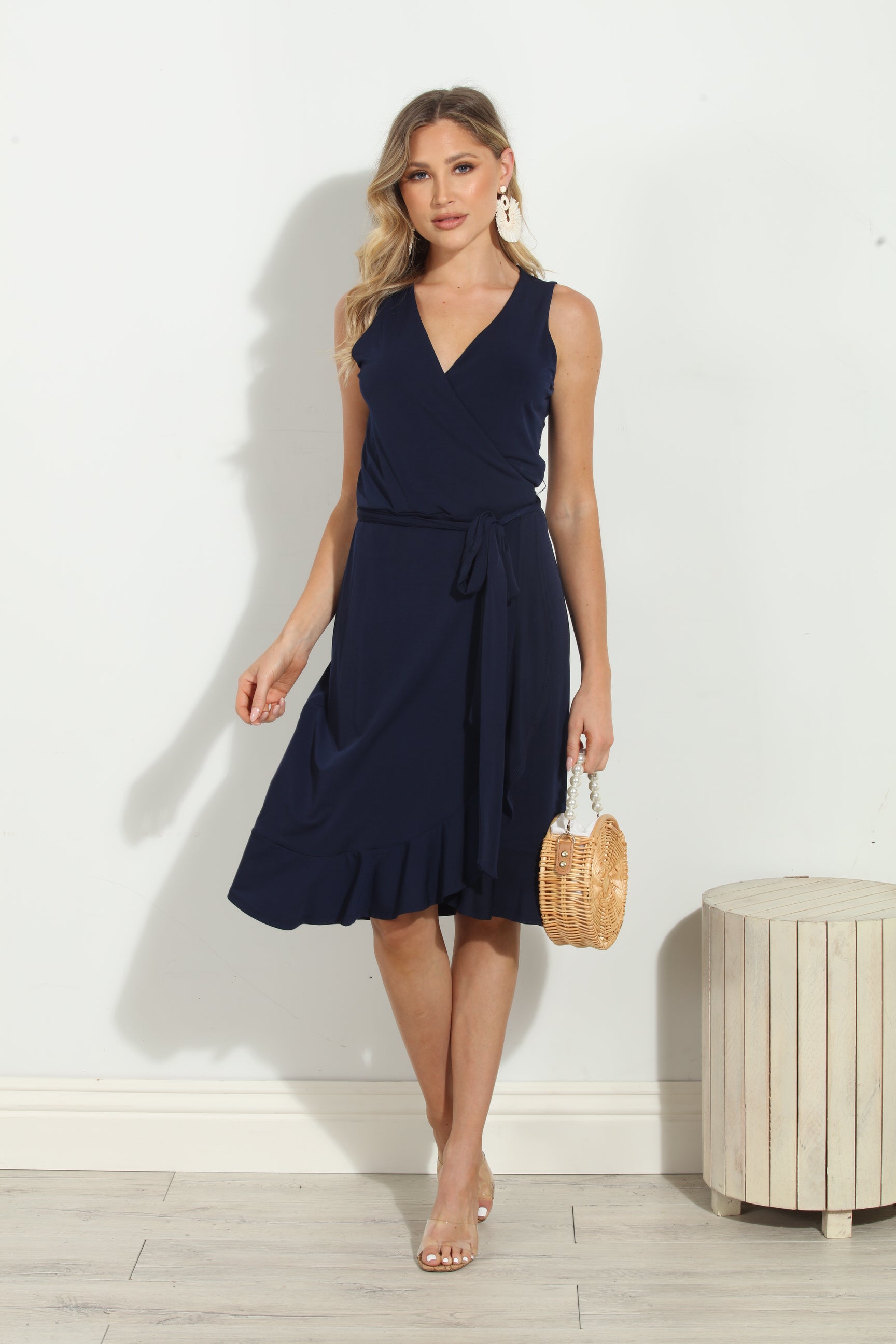 Blue ruffle wrap dress sale