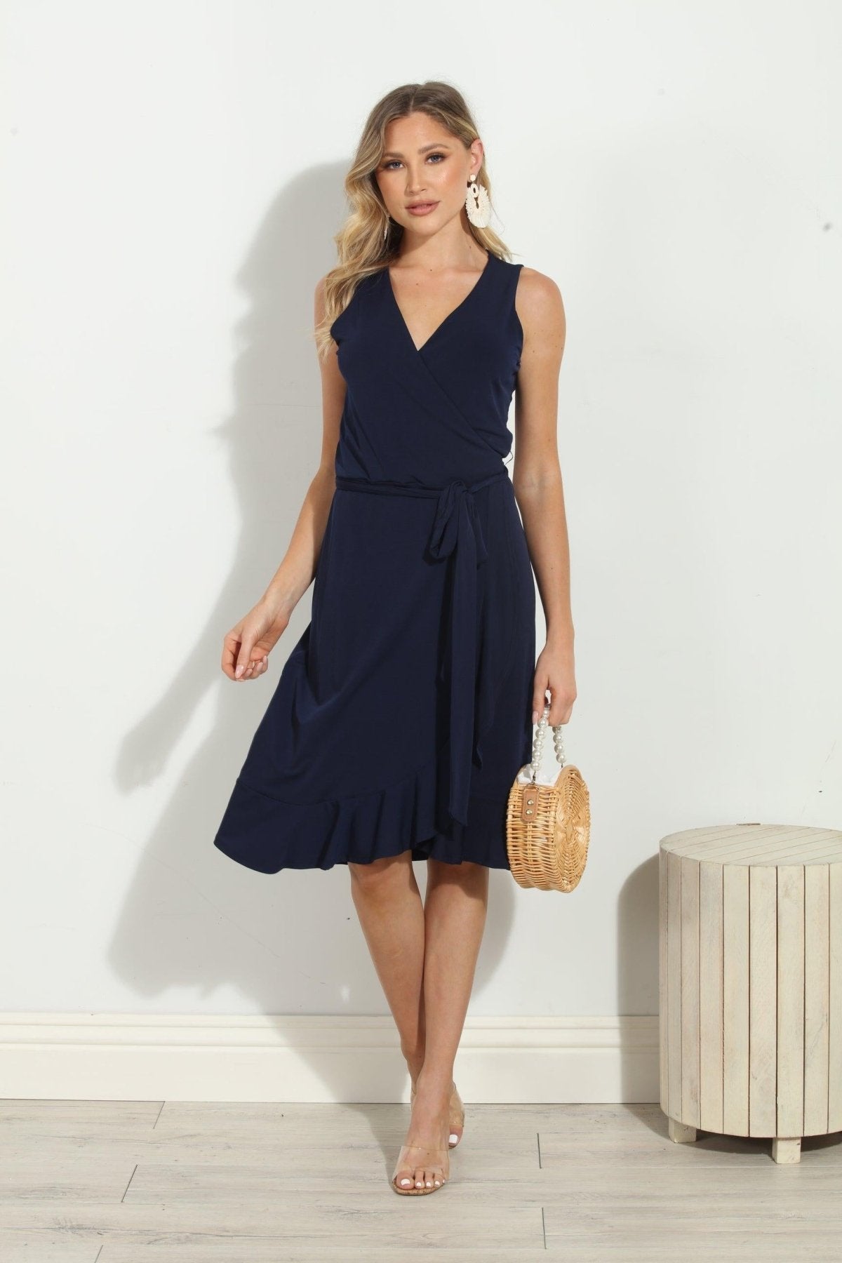 Navy Stretch Ruffle Wrap Dress-BEST SELLER