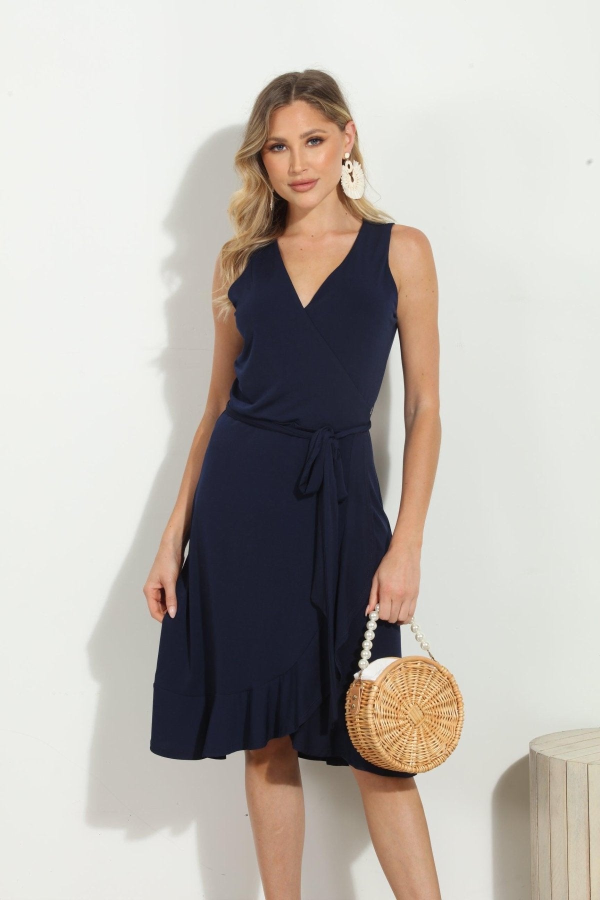 Navy Stretch Ruffle Wrap Dress-BEST SELLER