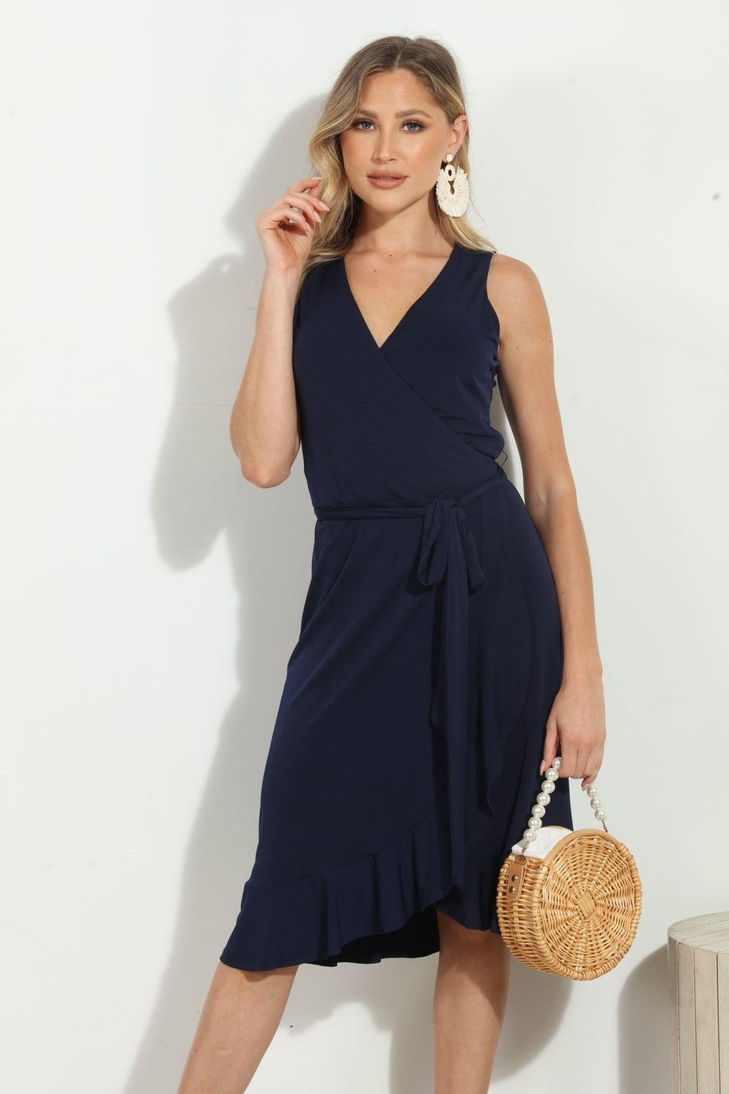 Navy Stretch Ruffle Wrap Dress-BEST SELLER