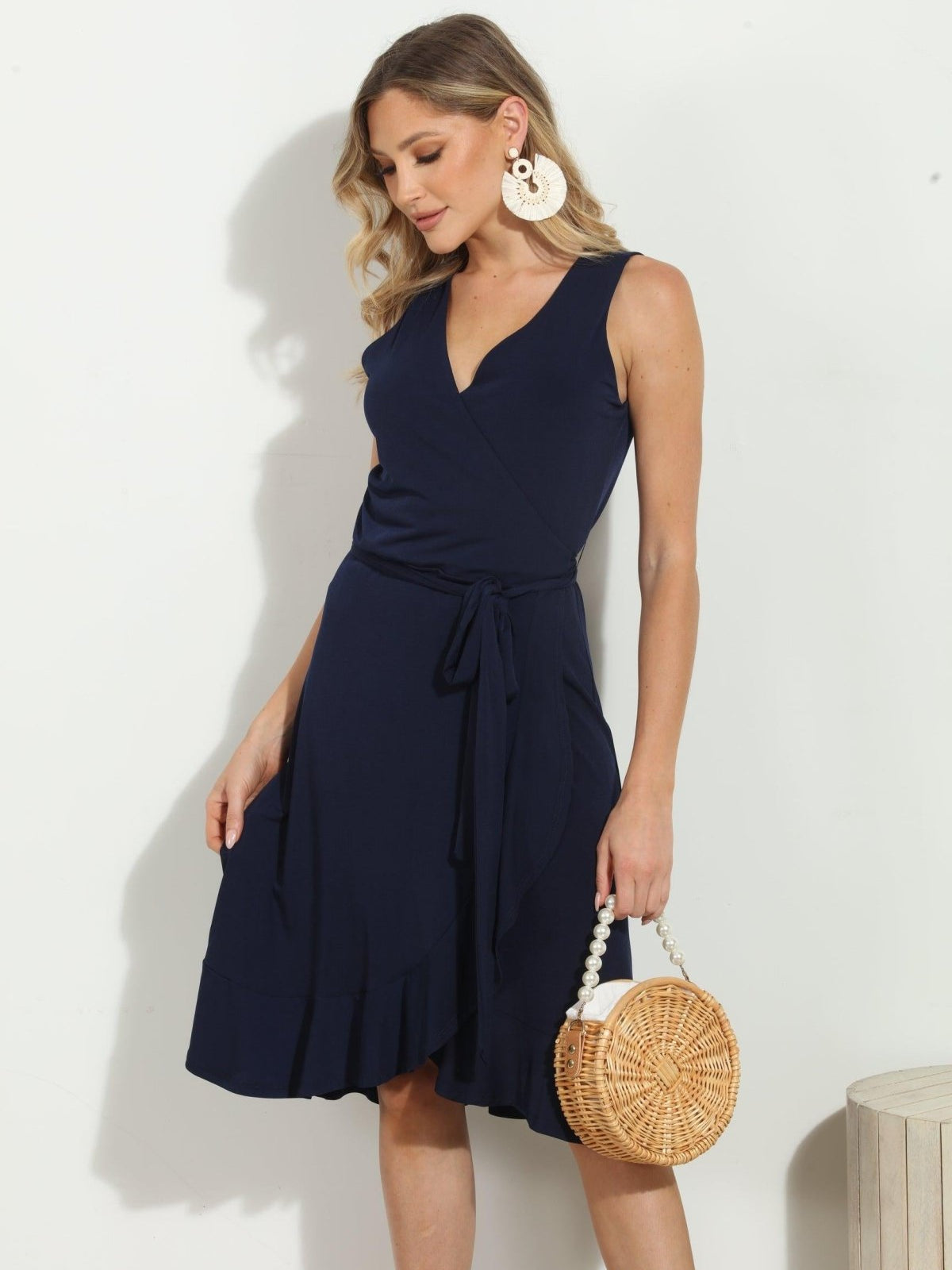 Navy Stretch Ruffle Wrap Dress-BEST SELLER