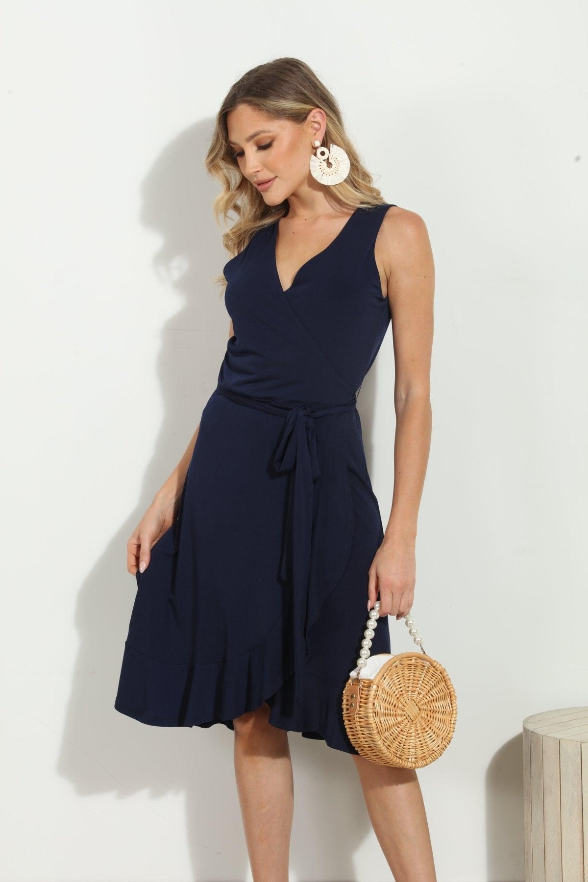Navy Stretch Ruffle Wrap Dress-BEST SELLER