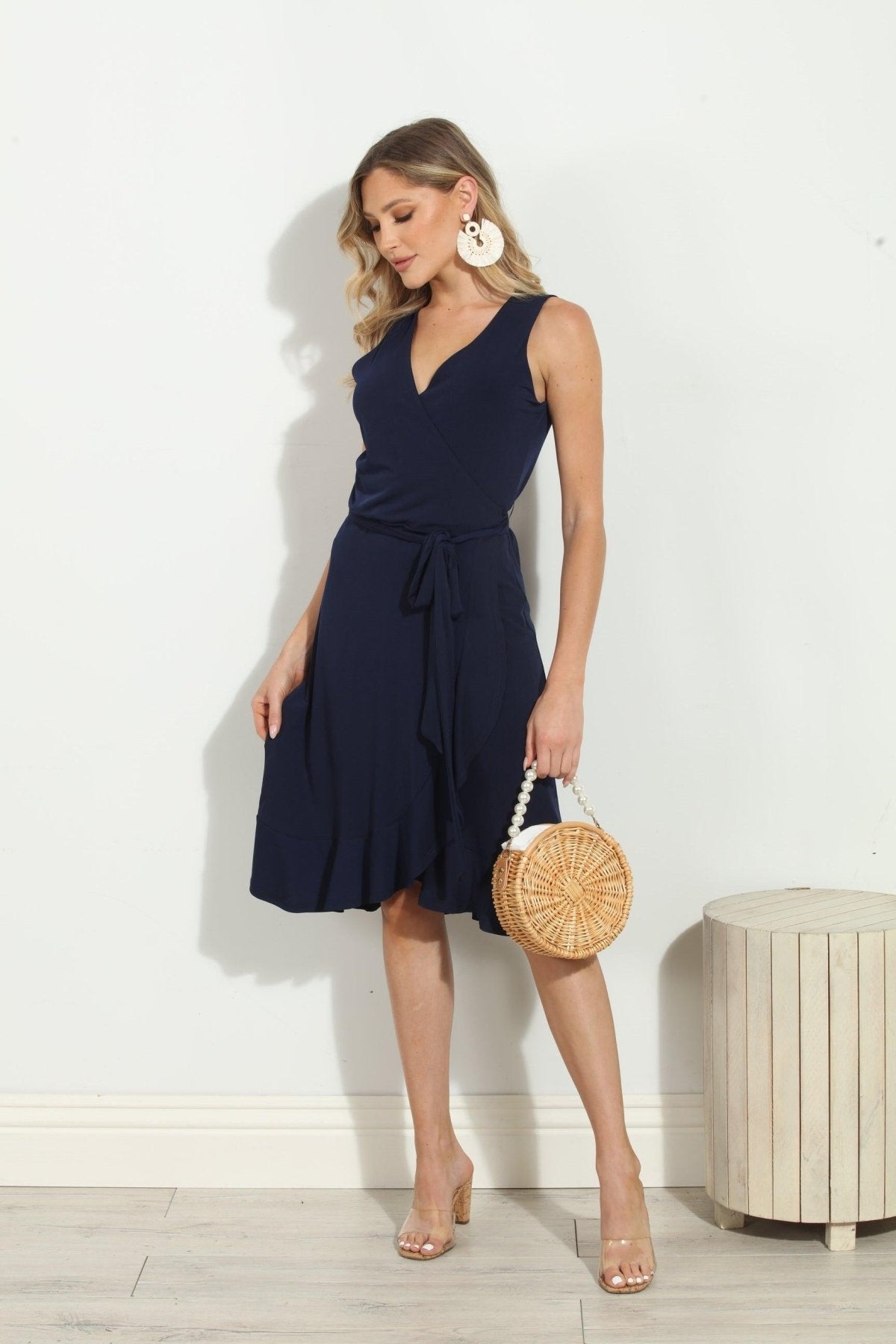 Navy Stretch Ruffle Wrap Dress-BEST SELLER