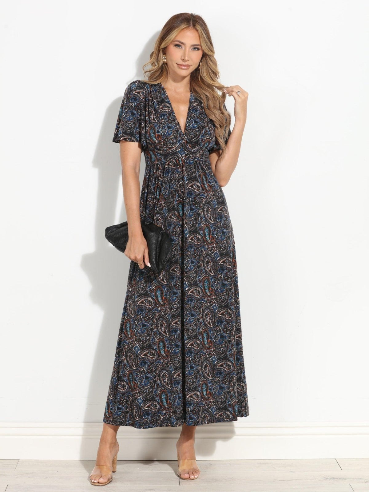 Alona Stretch Deep V Flutter Sleeve Maxi Dress-BEST SELLER