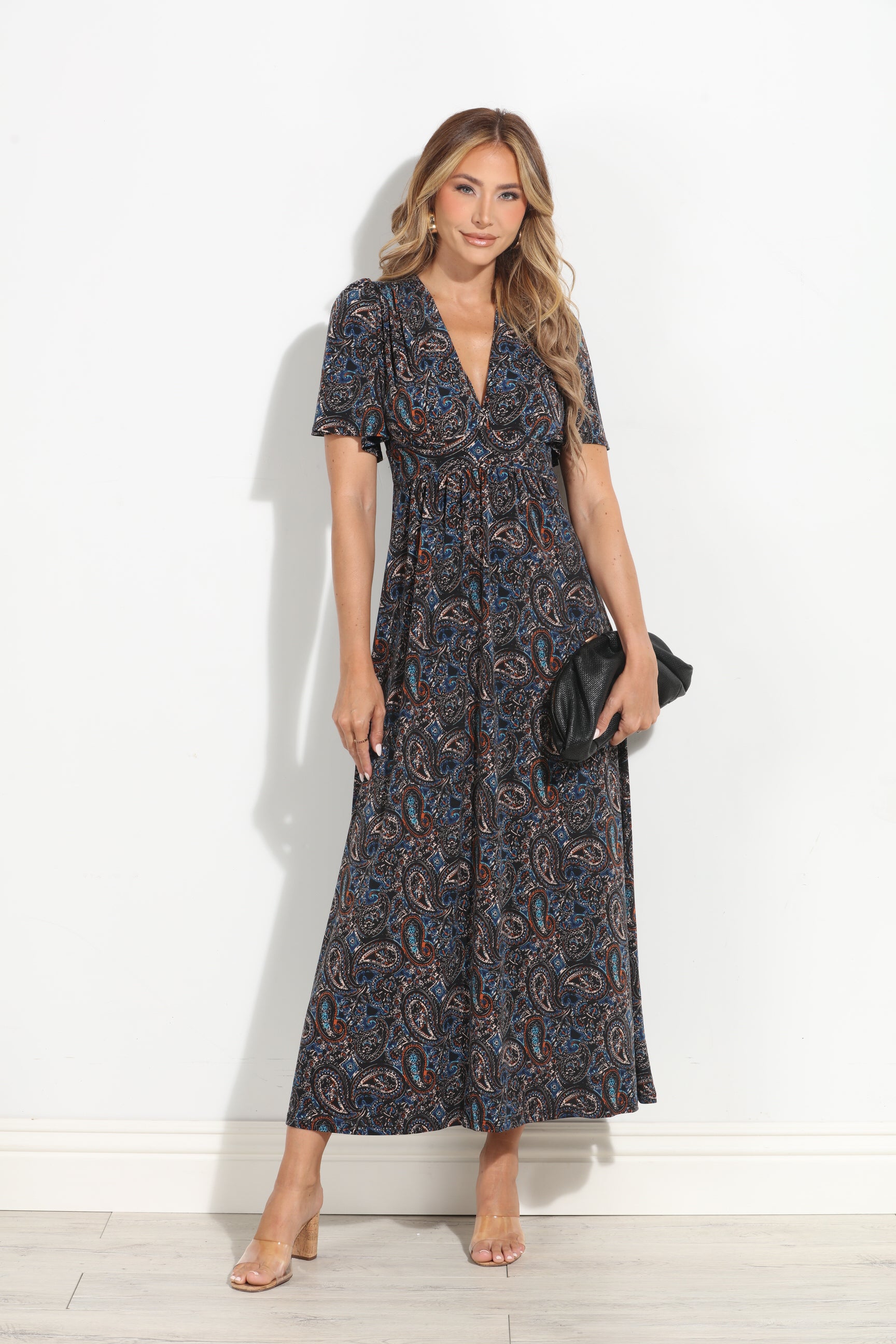 Alona Stretch Deep V Flutter Sleeve Maxi Dress-BEST SELLER