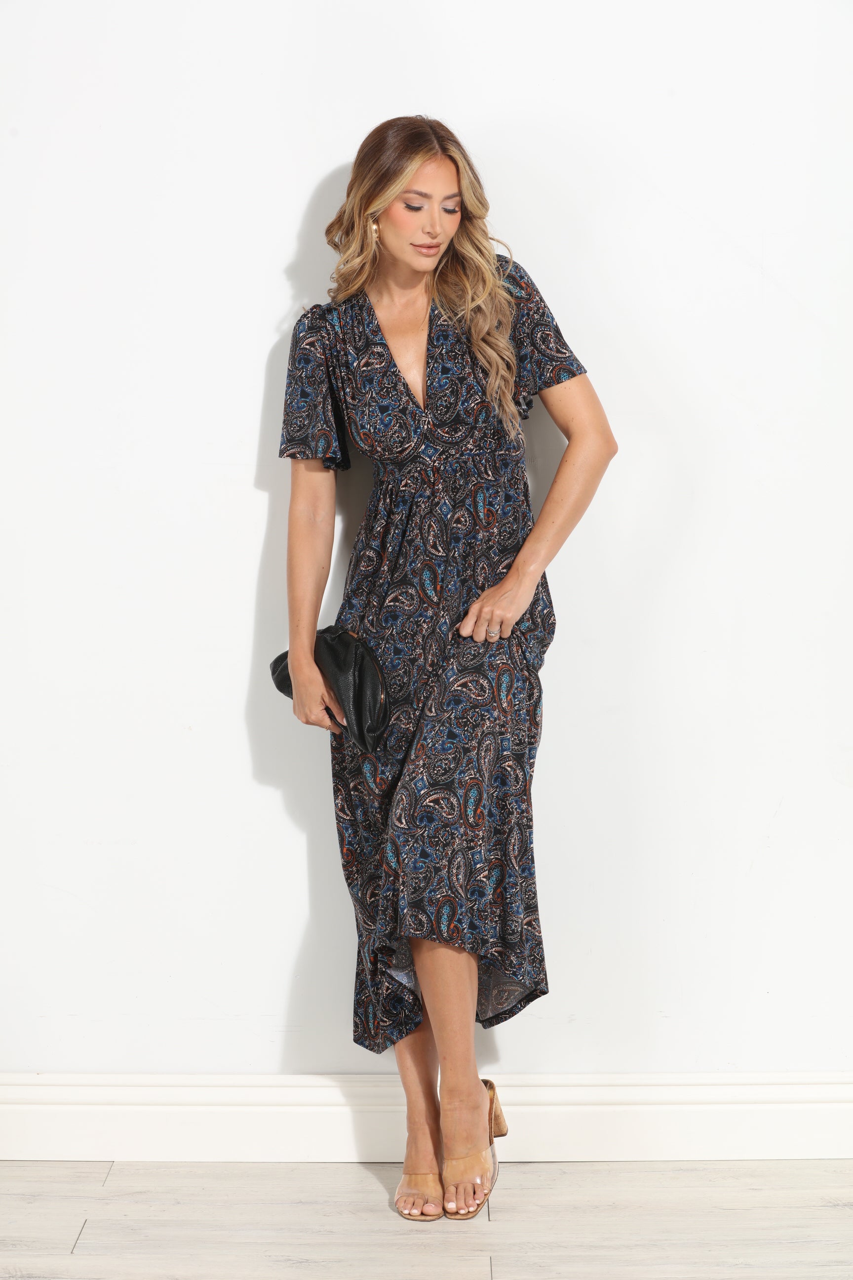 Alona Stretch Deep V Flutter Sleeve Maxi Dress-BEST SELLER