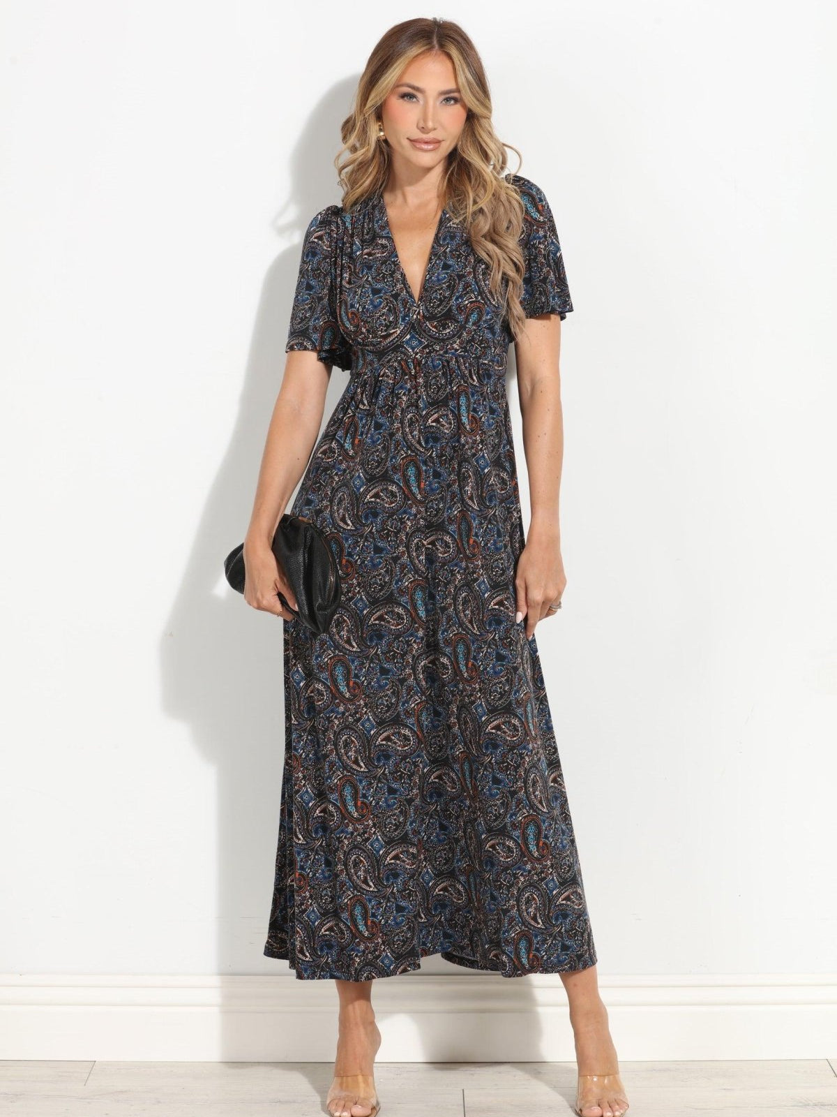 Alona Stretch Deep V Flutter Sleeve Maxi Dress-BEST SELLER
