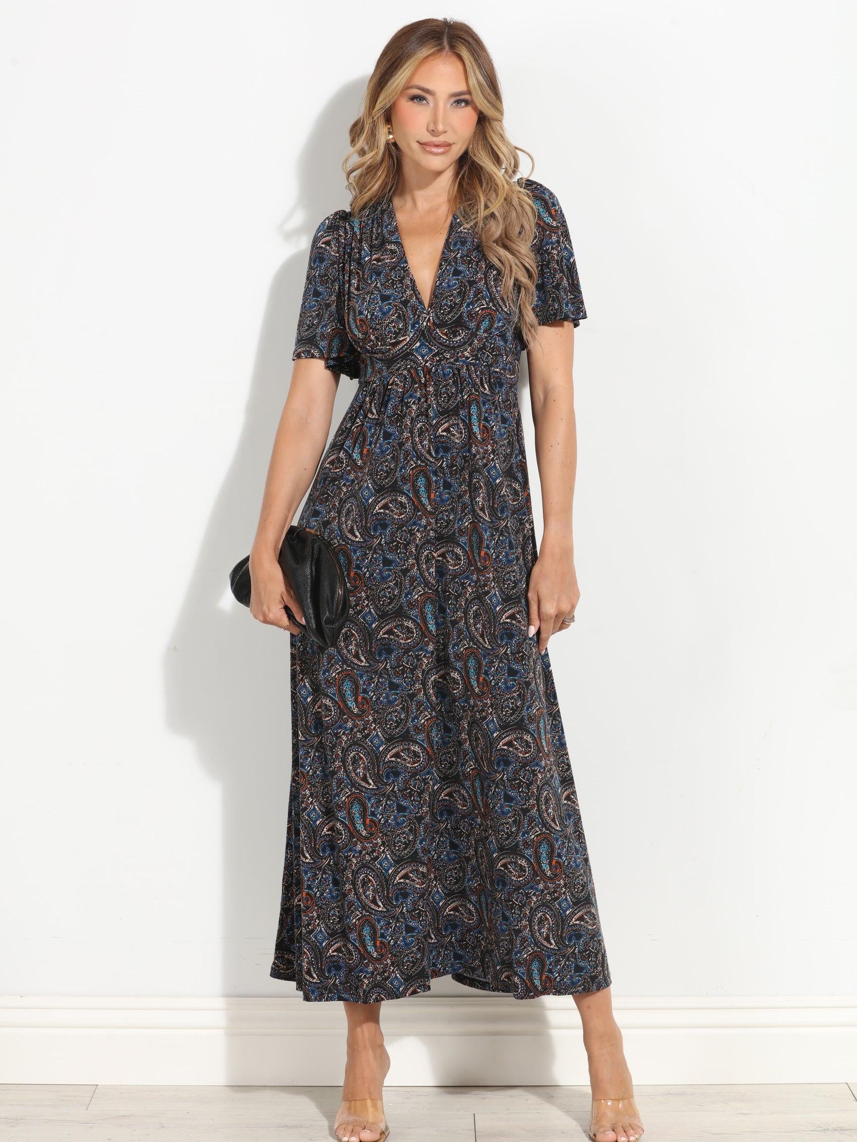 Alona Stretch Deep V Flutter Sleeve Maxi Dress-BEST SELLER